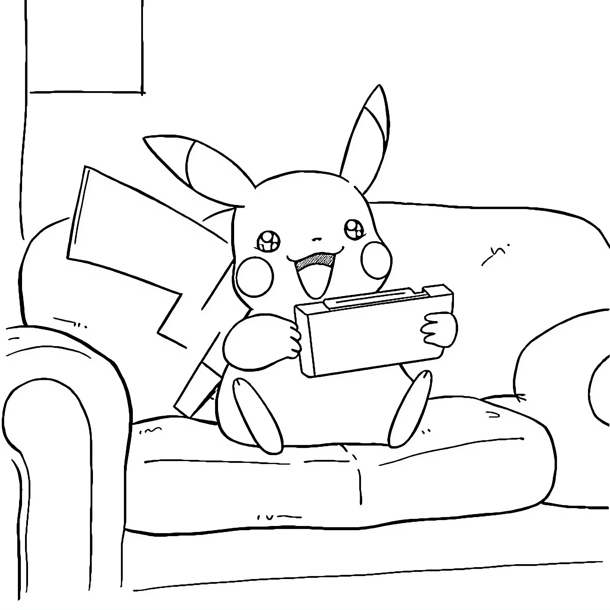 Pikachu enjoying video game console on sofa Coloring Page (free black-and-white line drawing printable PDF for all, from beginners to advanced learners, including children, teens, adults, and seniors)