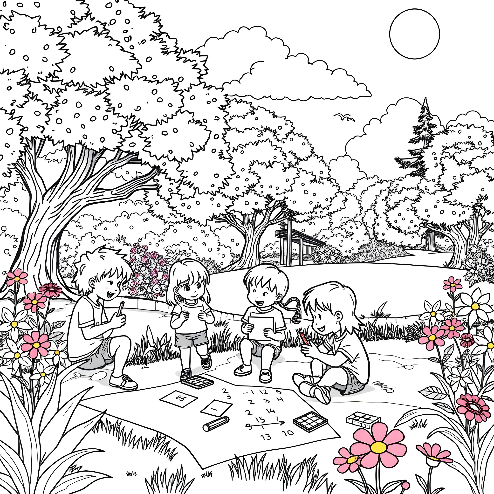 Children Playing in the Enchanted Garden Coloring Page (free black-and-white line drawing printable PDF for all, from beginners to advanced learners, including children, teens, adults, and seniors)