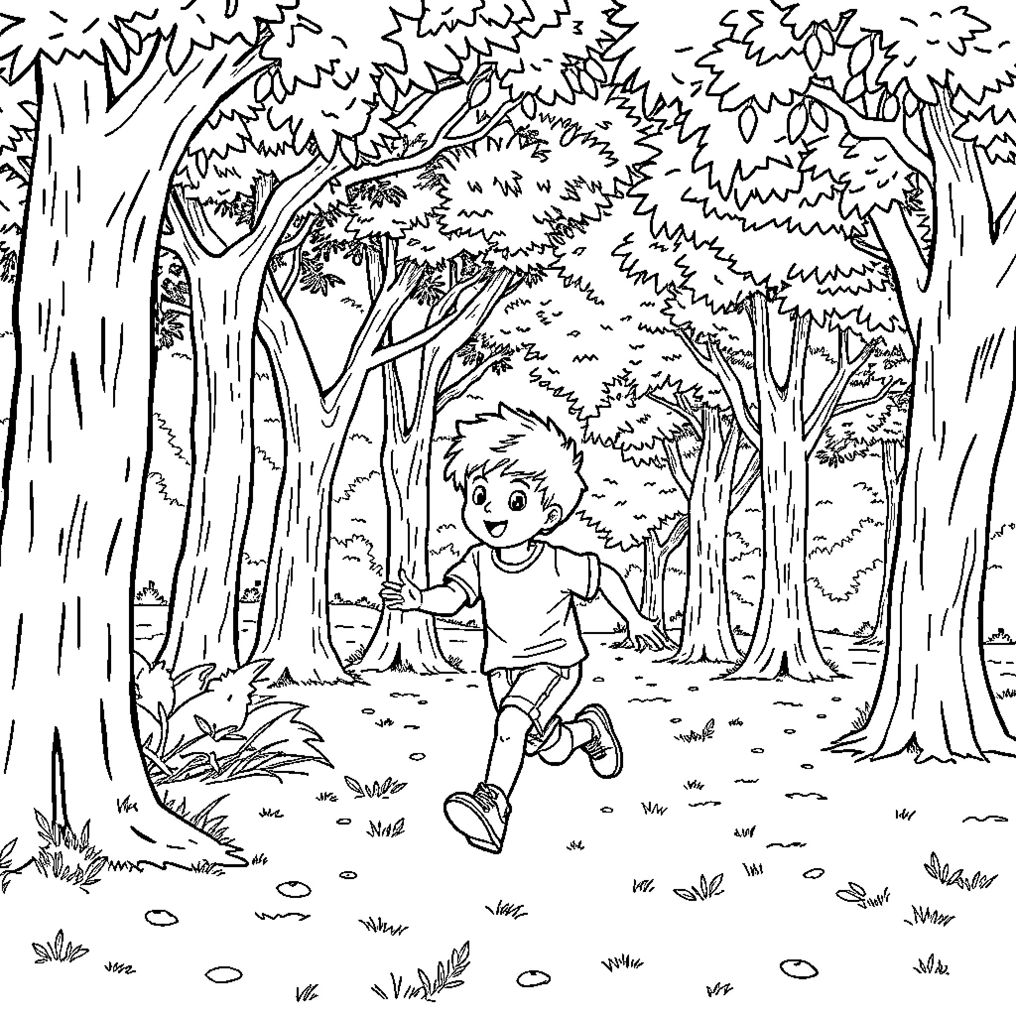 Child exploring the enchanted forest Coloring Page (free black-and-white line drawing printable PDF for all, from beginners to advanced learners, including children, teens, adults, and seniors)