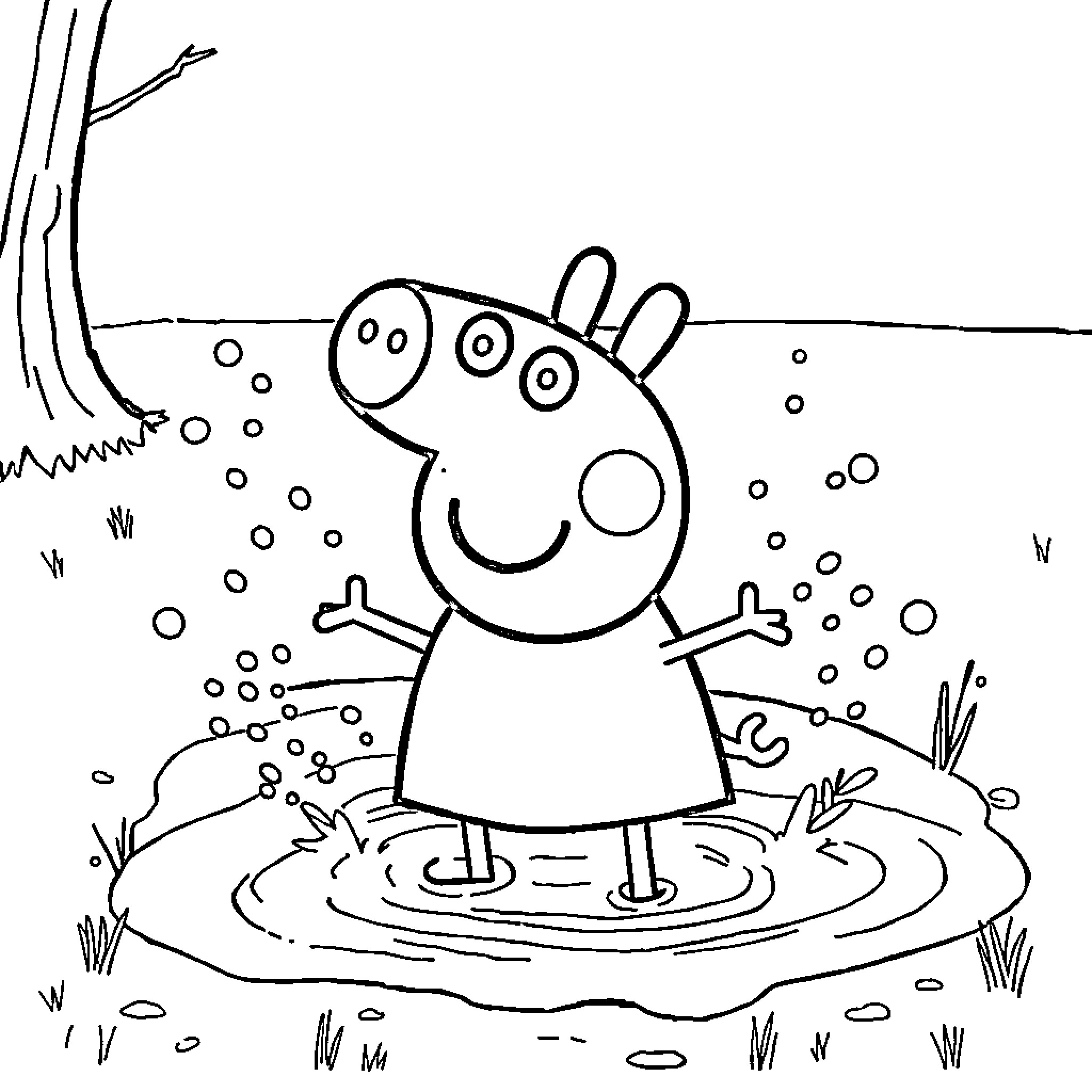 Peppa Pig enjoying in the puddle Coloring Page (free black-and-white line drawing printable PDF for all, from beginners to advanced learners, including children, teens, adults, and seniors)