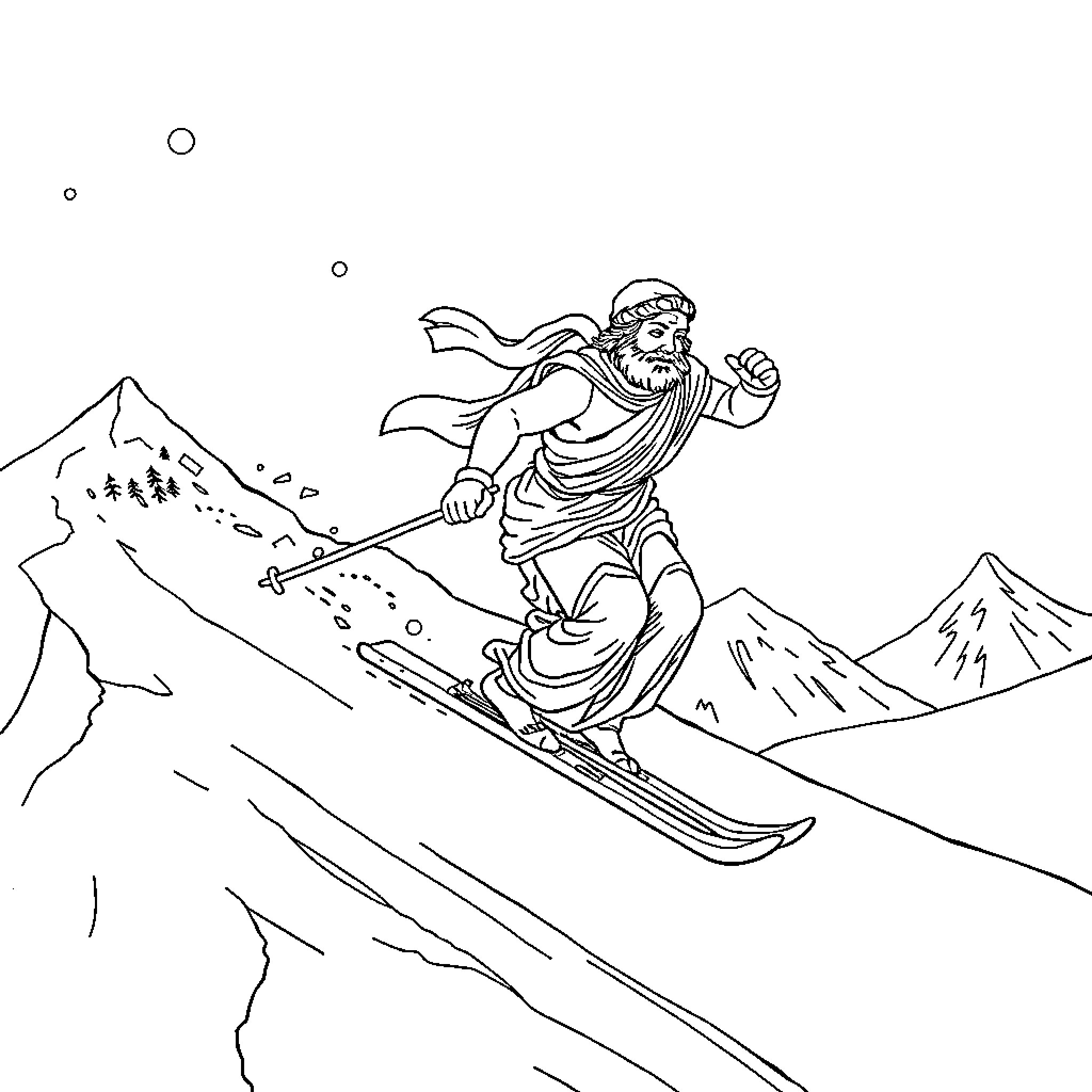 Aeschylus' Dramatic Ski Descent in the Mountains Coloring Page (free black-and-white line drawing printable PDF for all, from beginners to advanced learners, including children, teens, adults, and seniors)