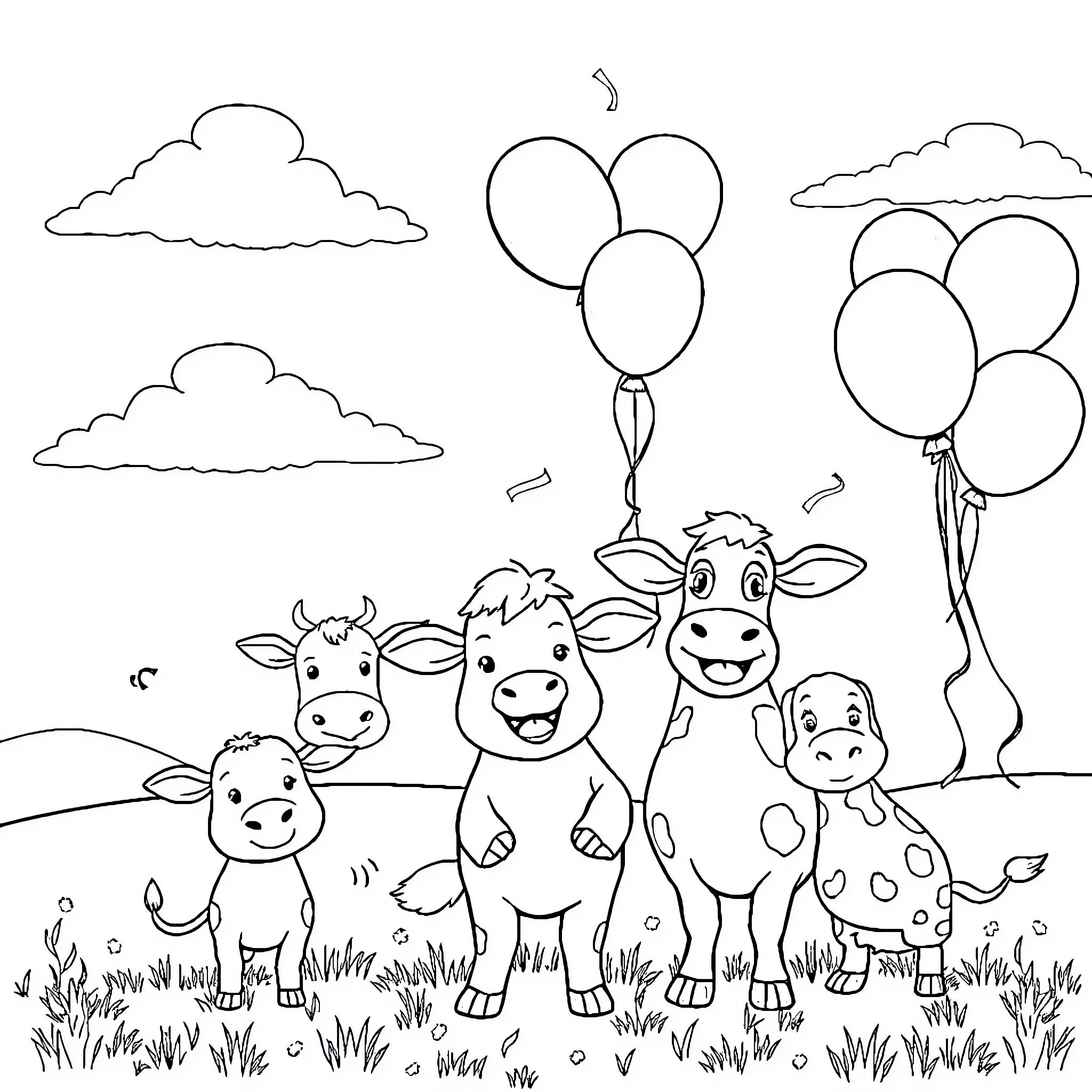 Farm Animals Celebrating with Balloons in a Grassy Field Coloring Page (free black-and-white line drawing printable PDF for all, from beginners to advanced learners, including children, teens, adults, and seniors)