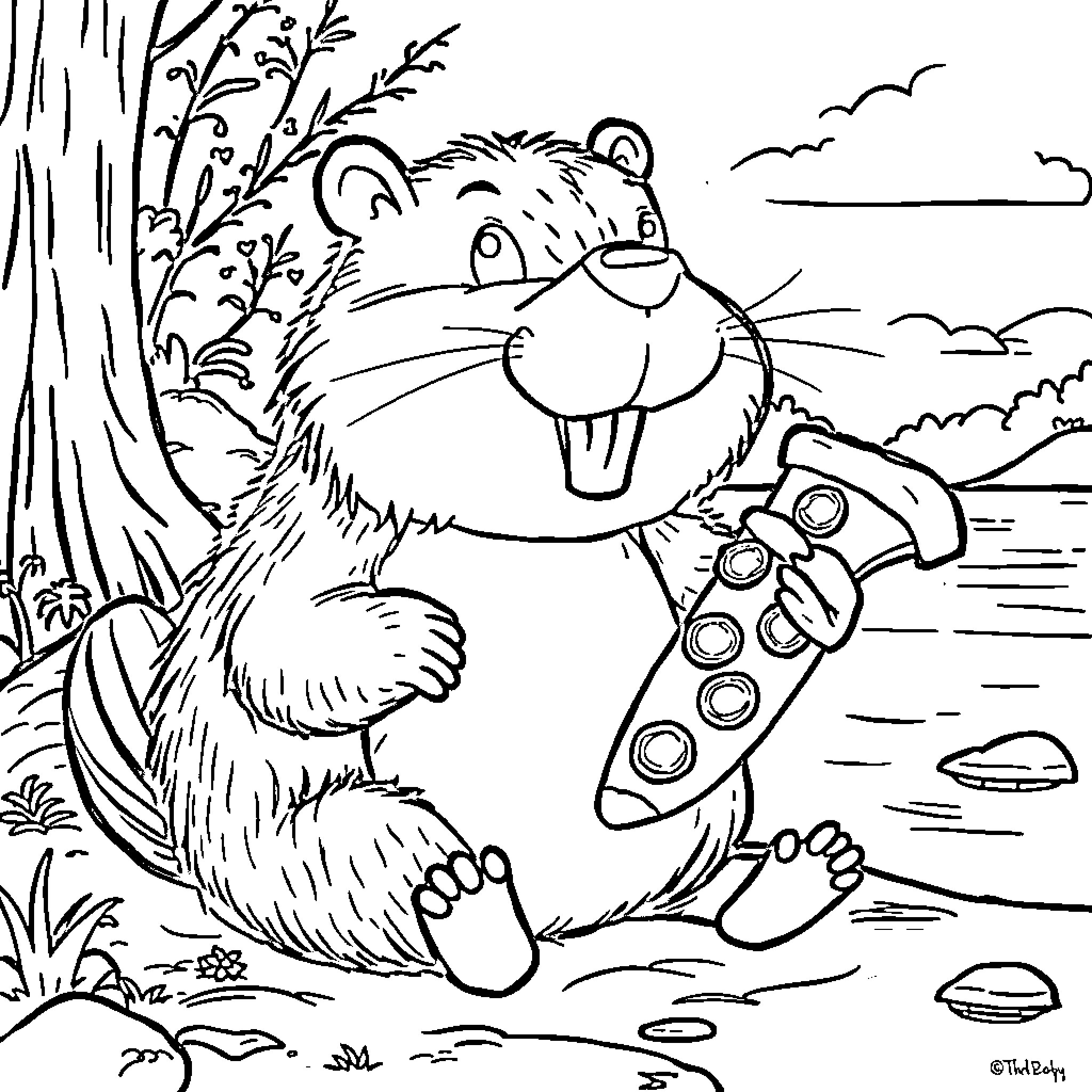 Beaver building a dam in the forest Coloring Page (free black-and-white line drawing printable PDF for all, from beginners to advanced learners, including children, teens, adults, and seniors)
