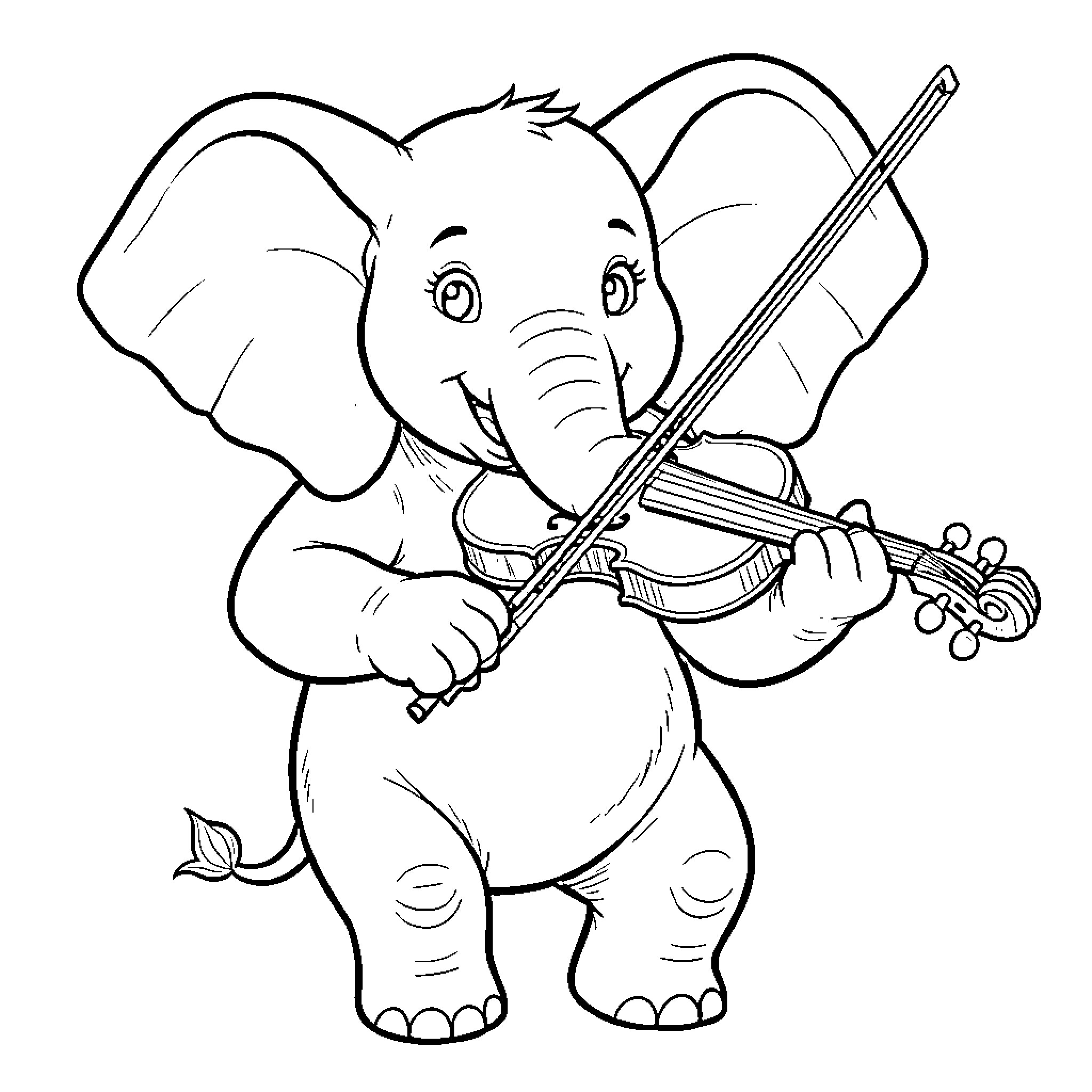 Elephant playing the violin Coloring Page (free black-and-white line drawing printable PDF for all, from beginners to advanced learners, including children, teens, adults, and seniors)