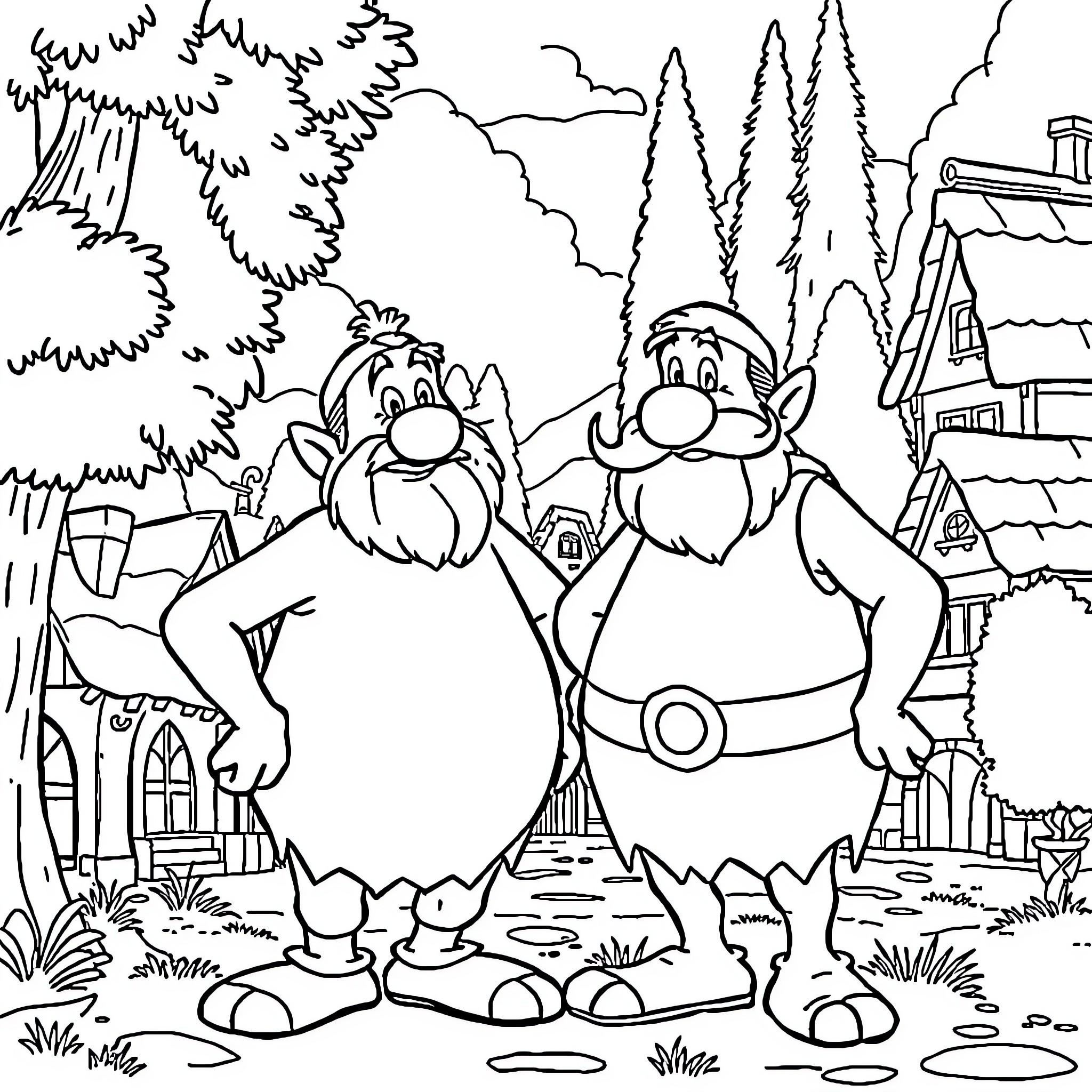 Asterix and Obelix in the Gaulish Village Coloring Page (free black-and-white line drawing printable PDF for all, from beginners to advanced learners, including children, teens, adults, and seniors)