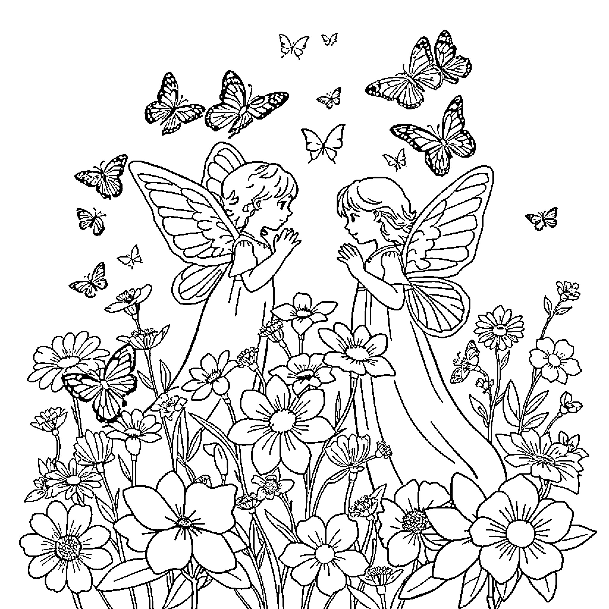 Butterfly Fairies Surrounded by Flowers Coloring Page (free black-and-white line drawing printable PDF for all, from beginners to advanced learners, including children, teens, adults, and seniors)