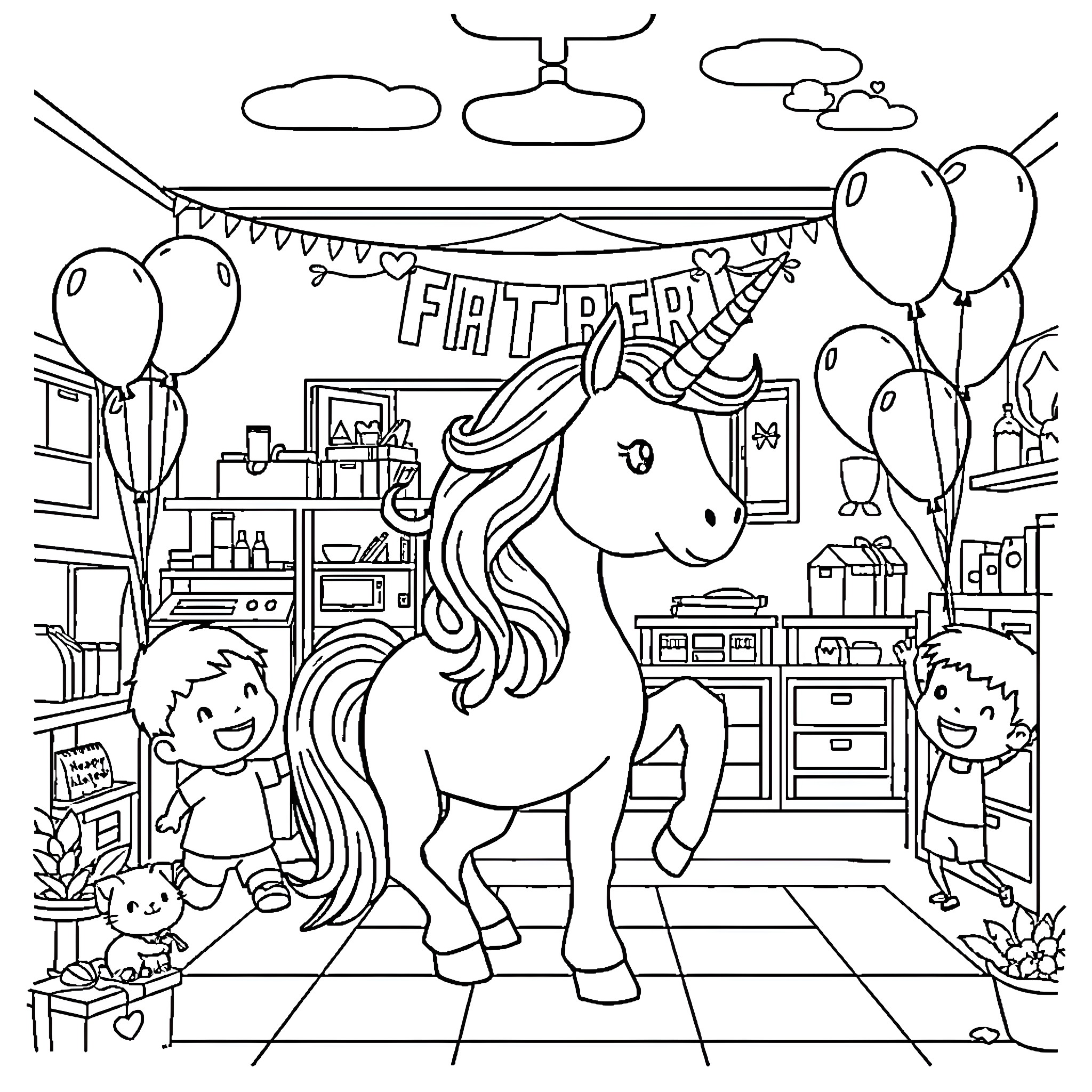 Unicorn enjoying a birthday party with children Coloring Page (free black-and-white line drawing printable PDF for all, from beginners to advanced learners, including children, teens, adults, and seniors)