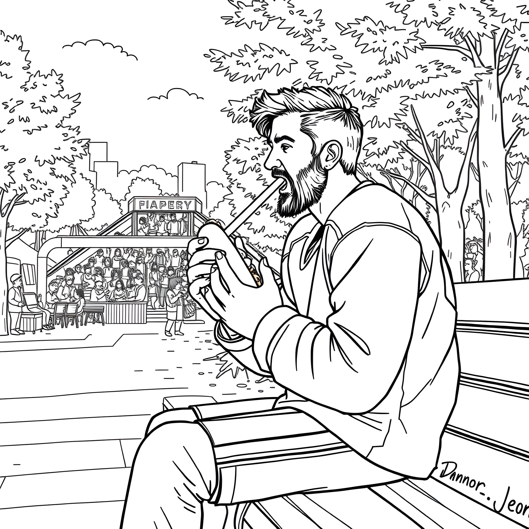 Connor McDavid Enjoying Street Performer in Park Coloring Page (free black-and-white line drawing printable PDF for all, from beginners to advanced learners, including children, teens, adults, and seniors)