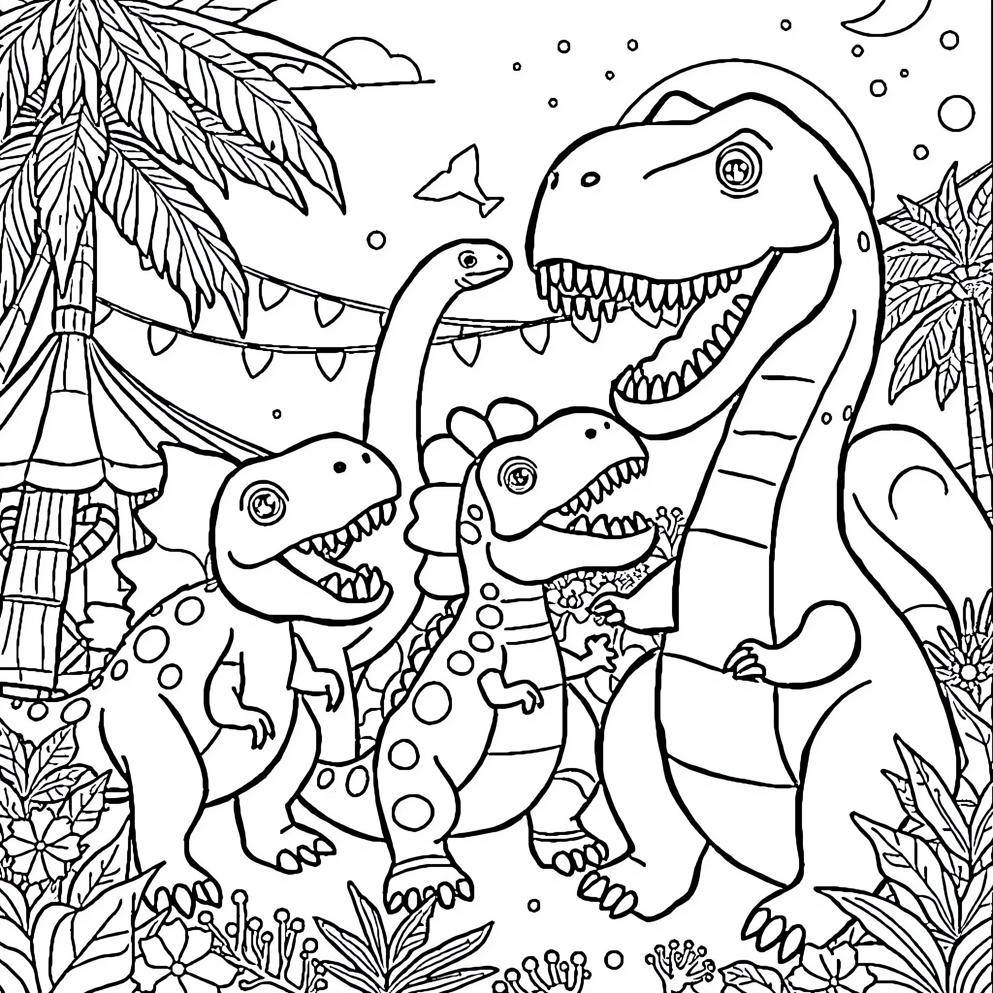 Dinosaurs Playing Happily in Prehistoric Landscape Coloring Page (free black-and-white line drawing printable PDF for all, from beginners to advanced learners, including children, teens, adults, and seniors)