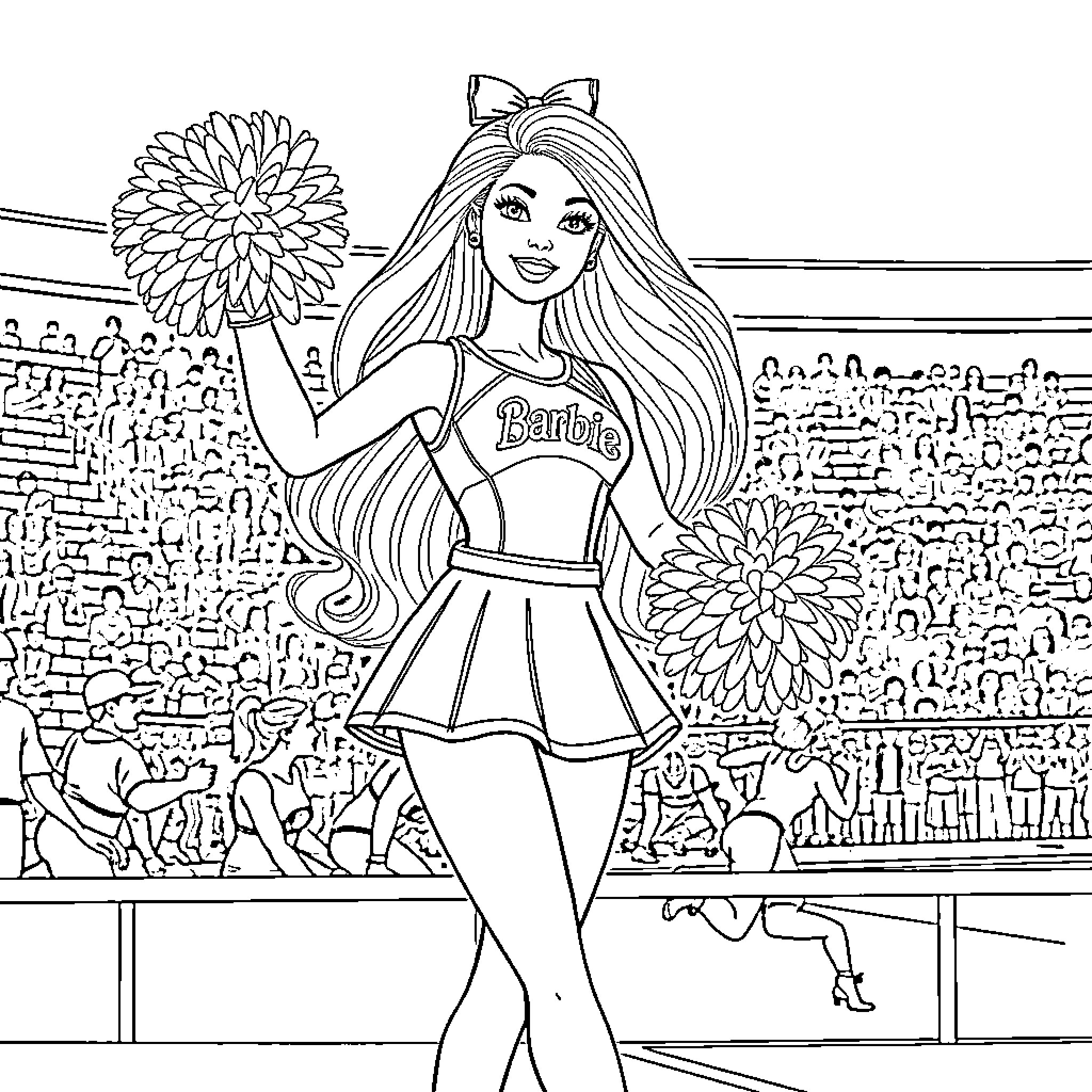Barbie posing with flowers in a cheerful scene Coloring Page (free black-and-white line drawing printable PDF for all, from beginners to advanced learners, including children, teens, adults, and seniors)