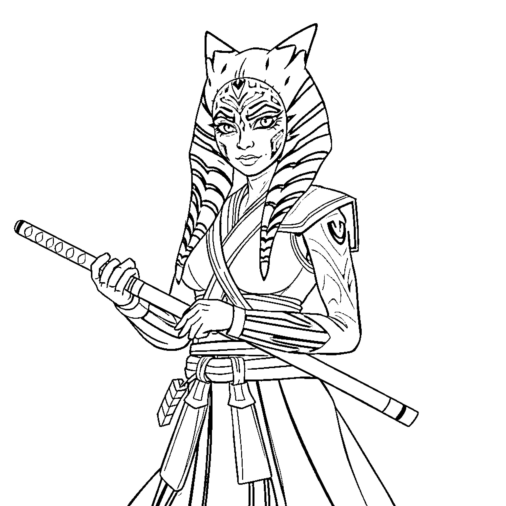 Ahsoka Tano wielding lightsabers in battle stance Coloring Page (free black-and-white line drawing printable PDF for all, from beginners to advanced learners, including children, teens, adults, and seniors)