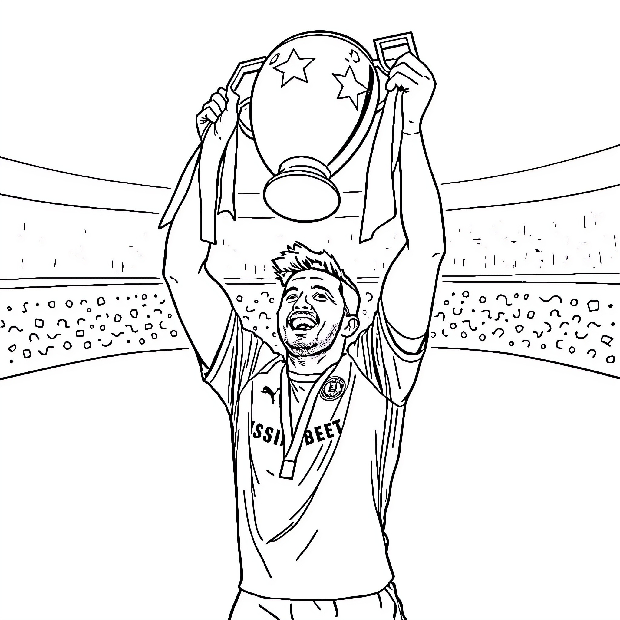 Hakimi celebrating championship trophy with joy Coloring Page (free black-and-white line drawing printable PDF for all, from beginners to advanced learners, including children, teens, adults, and seniors)