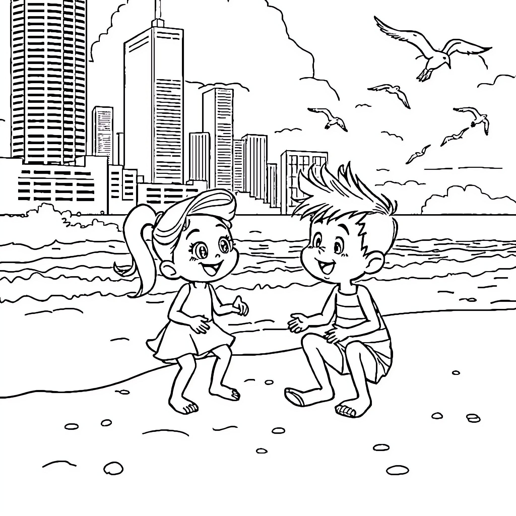 Pinky and friend play on the beach Coloring Page (free black-and-white line drawing printable PDF for all, from beginners to advanced learners, including children, teens, adults, and seniors)