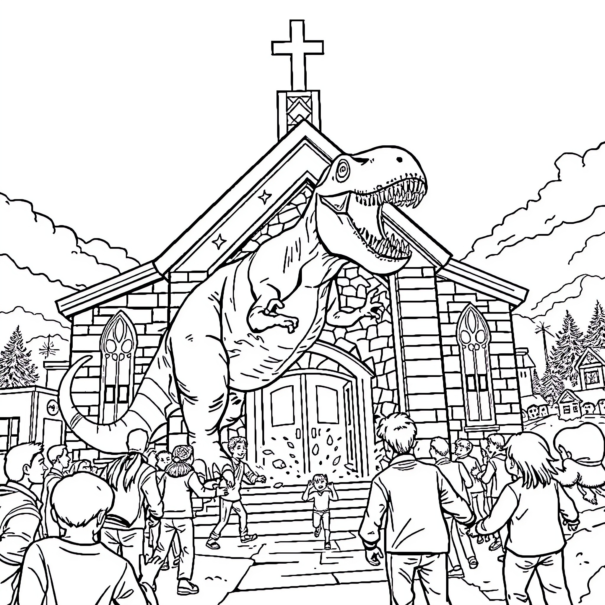 Dinosaur destroying a church in a small town Coloring Page (free black-and-white line drawing printable PDF for all, from beginners to advanced learners, including children, teens, adults, and seniors)