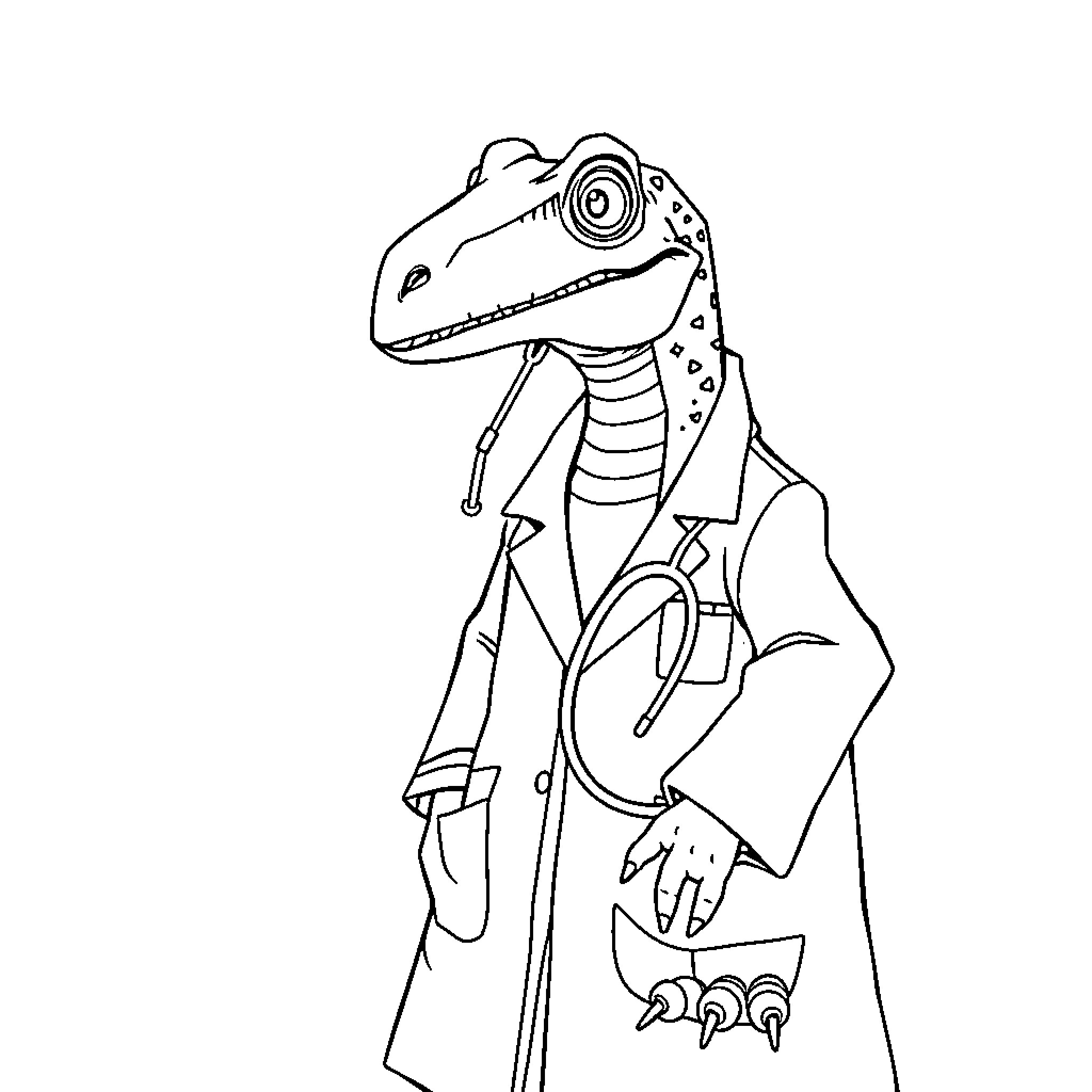 Gatosaurio exploring the world in a trenchcoat Coloring Page (free black-and-white line drawing printable PDF for all, from beginners to advanced learners, including children, teens, adults, and seniors)