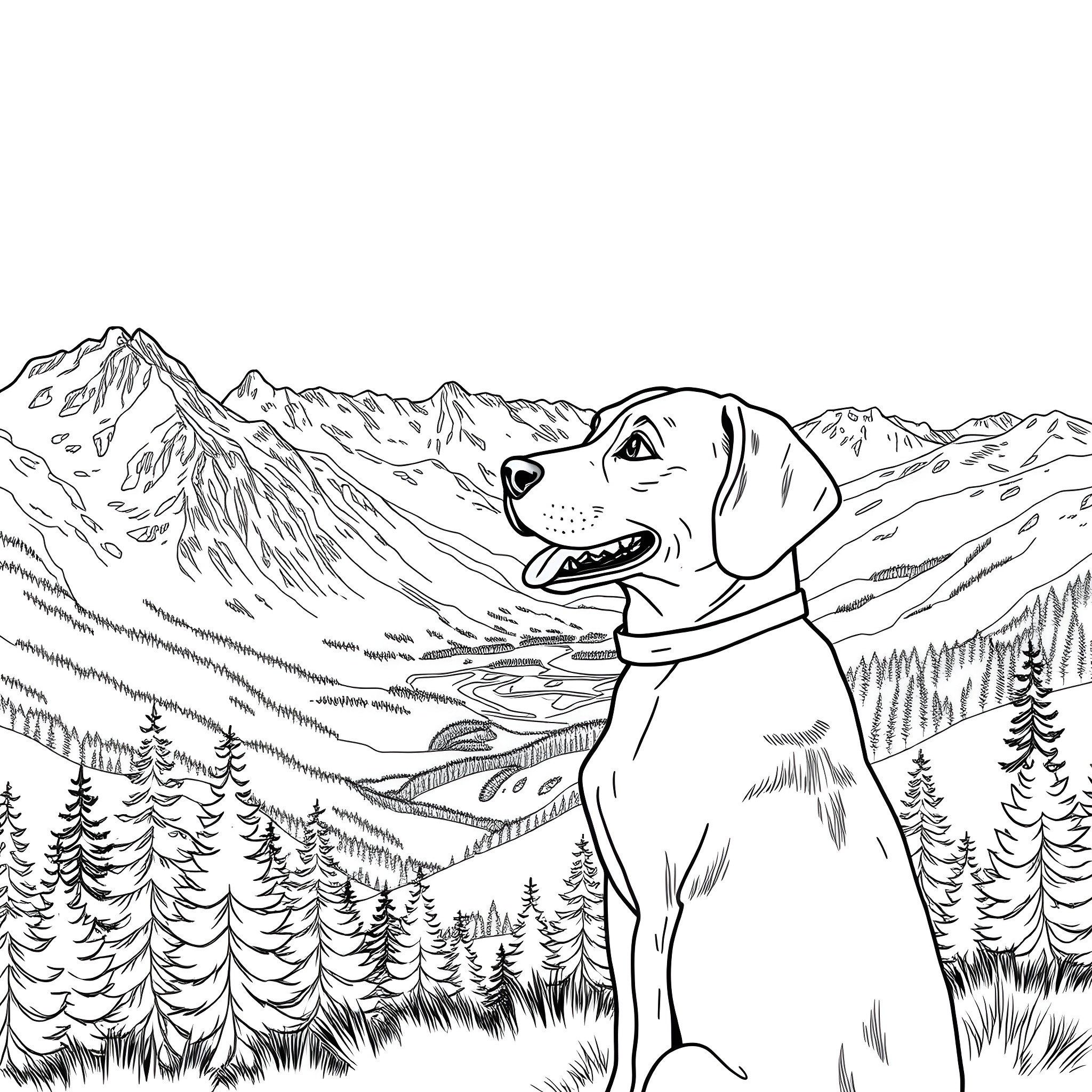 Beagle exploring majestic mountain landscape Coloring Page (free black-and-white line drawing printable PDF for all, from beginners to advanced learners, including children, teens, adults, and seniors)