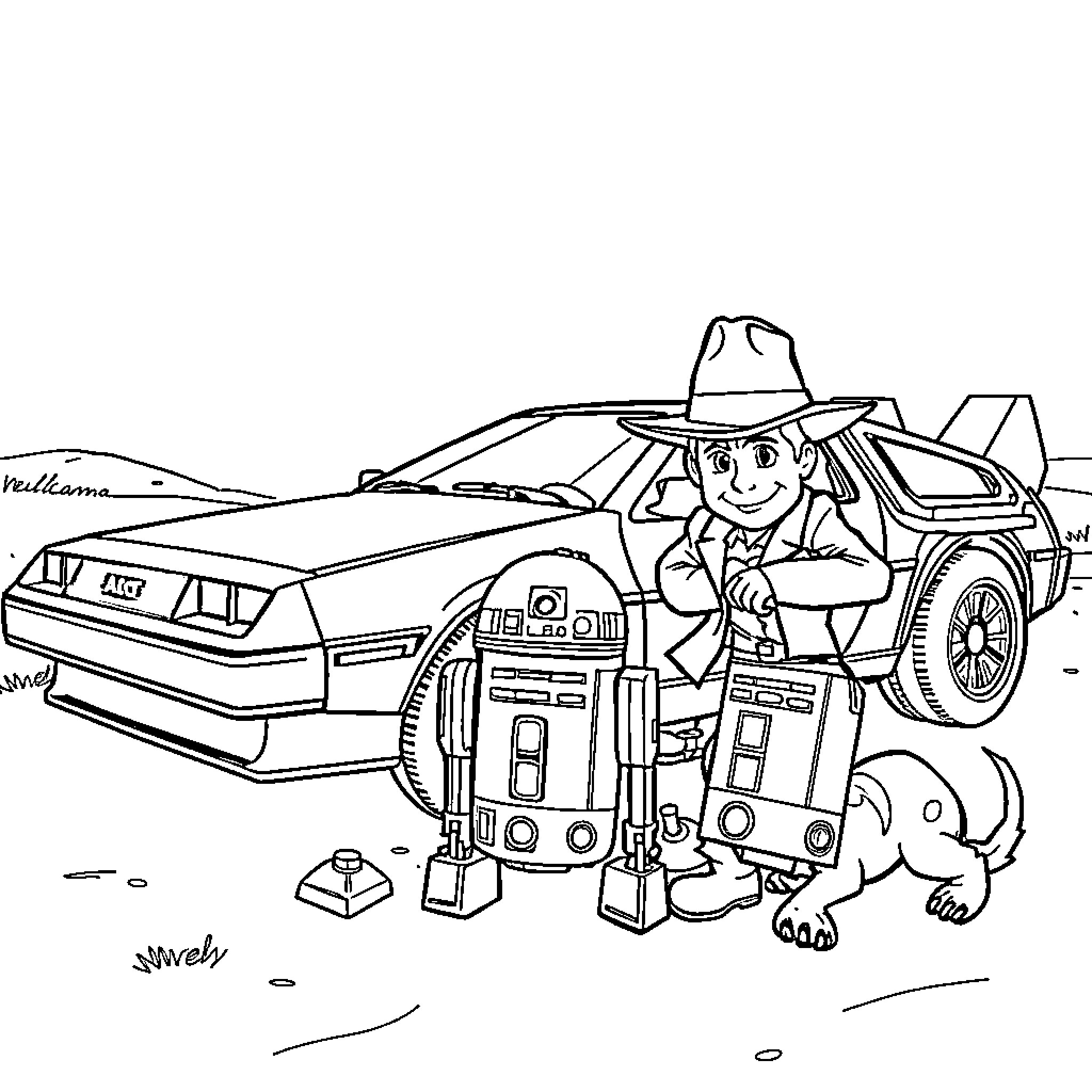 DeLorean adventure with droids and a cowboy Coloring Page (free black-and-white line drawing printable PDF for all, from beginners to advanced learners, including children, teens, adults, and seniors)
