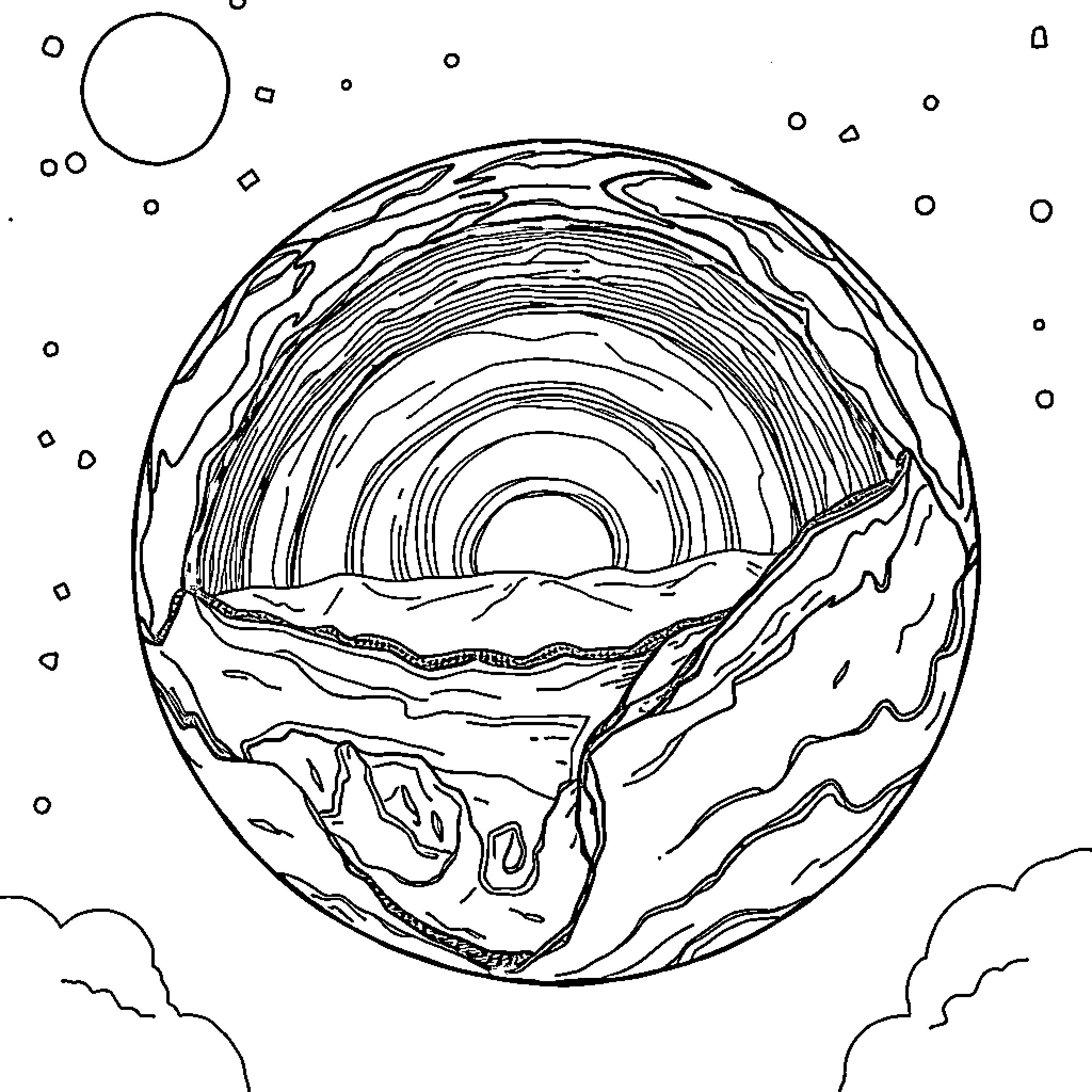 Earth's Captivating Landscape in a Sphere Coloring Page (free black-and-white line drawing printable PDF for all, from beginners to advanced learners, including children, teens, adults, and seniors)