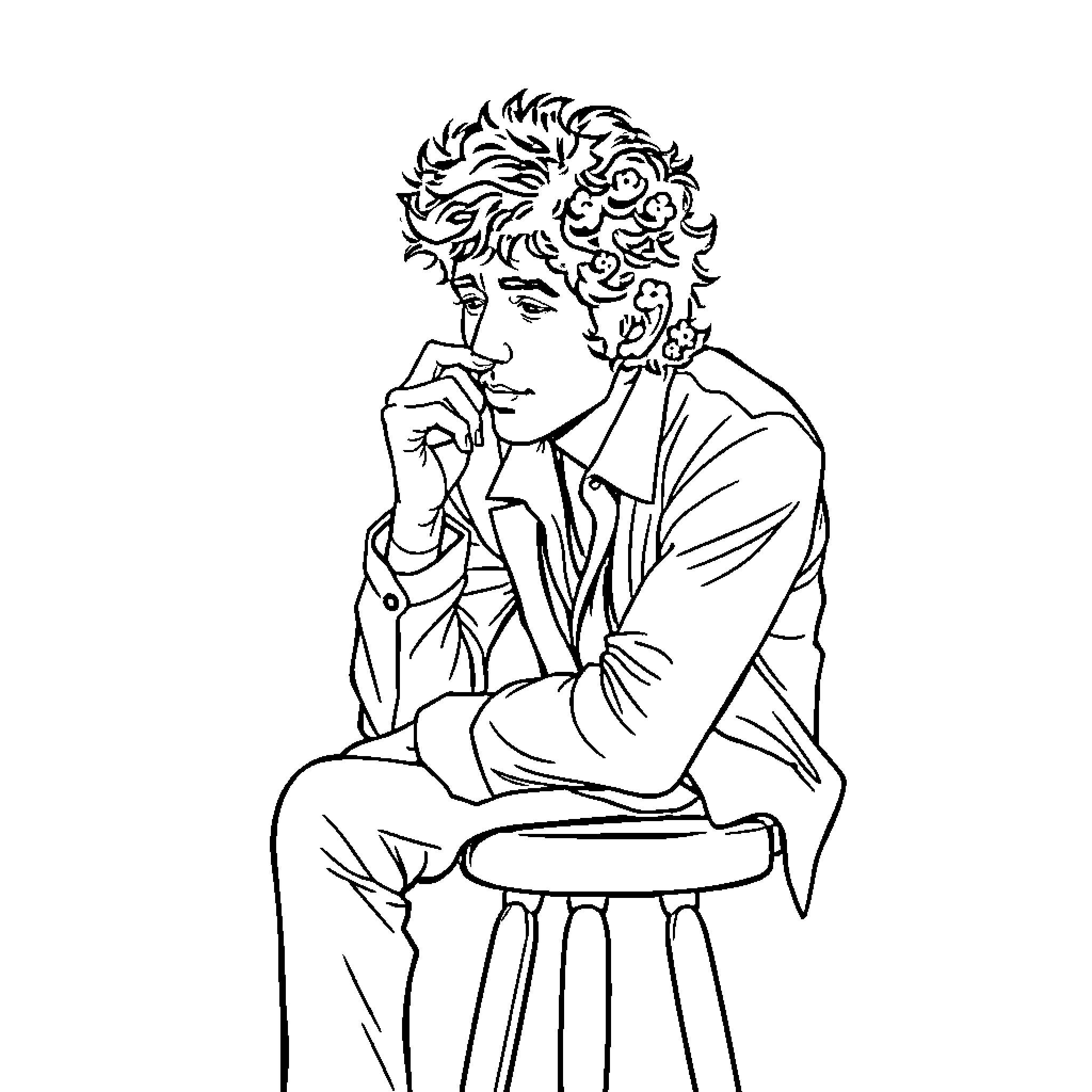Bob Dylan in a thoughtful pose Coloring Page (free black-and-white line drawing printable PDF for all, from beginners to advanced learners, including children, teens, adults, and seniors)