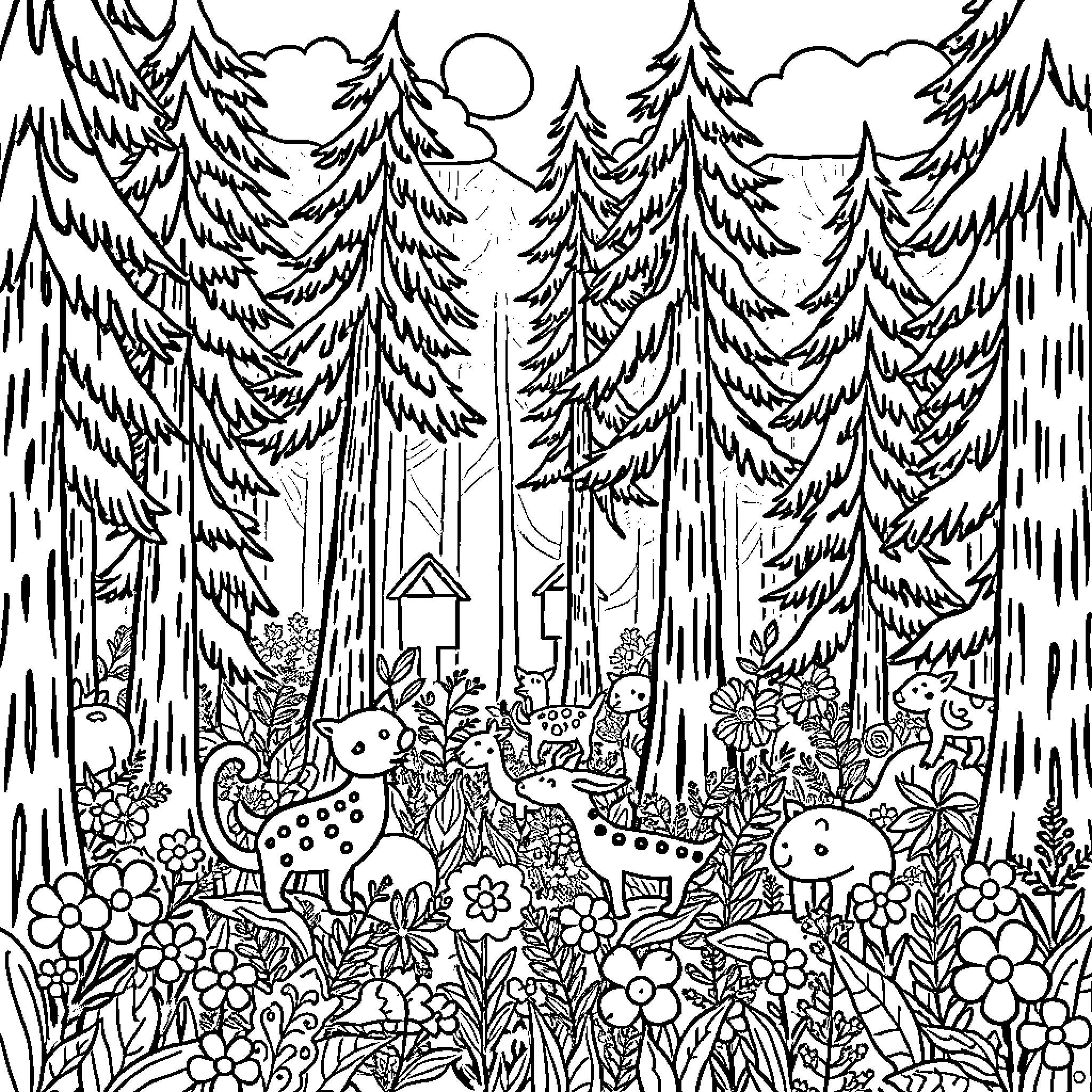 Forest filled with whimsical creatures and flora Coloring Page (free black-and-white line drawing printable PDF for all, from beginners to advanced learners, including children, teens, adults, and seniors)