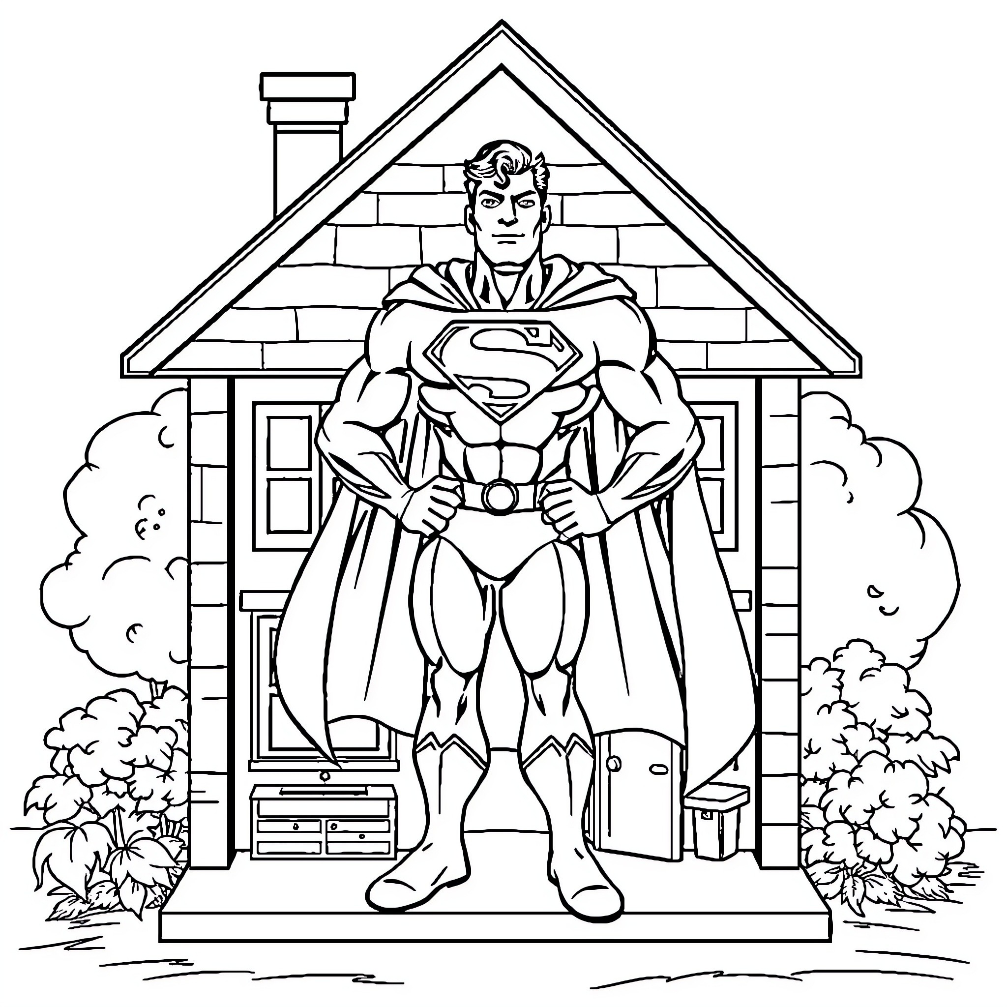 Superman standing heroically in front of a house Coloring Page (free black-and-white line drawing printable PDF for all, from beginners to advanced learners, including children, teens, adults, and seniors)