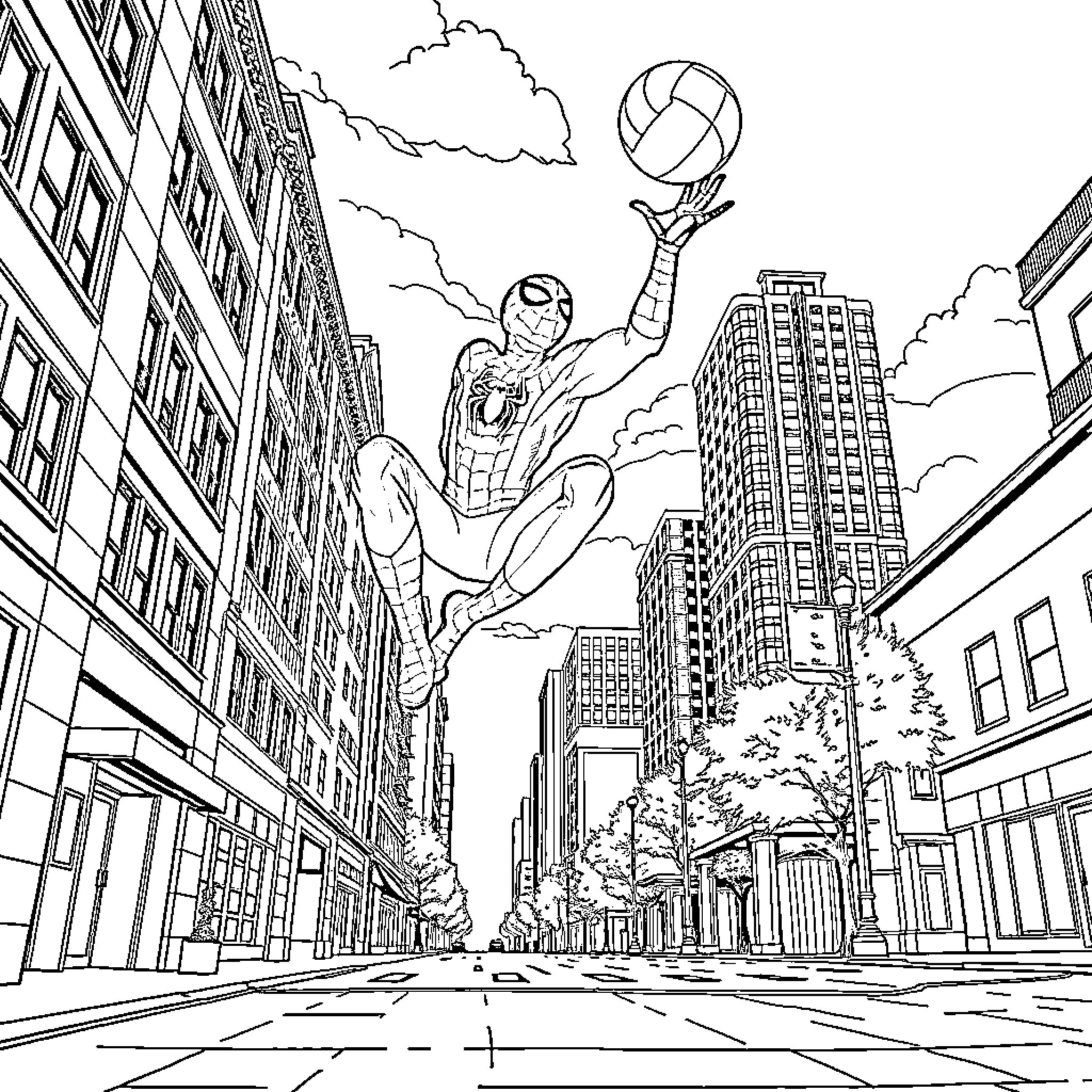 Spiderman swinging through the city with a volleyball Coloring Page (free black-and-white line drawing printable PDF for all, from beginners to advanced learners, including children, teens, adults, and seniors)