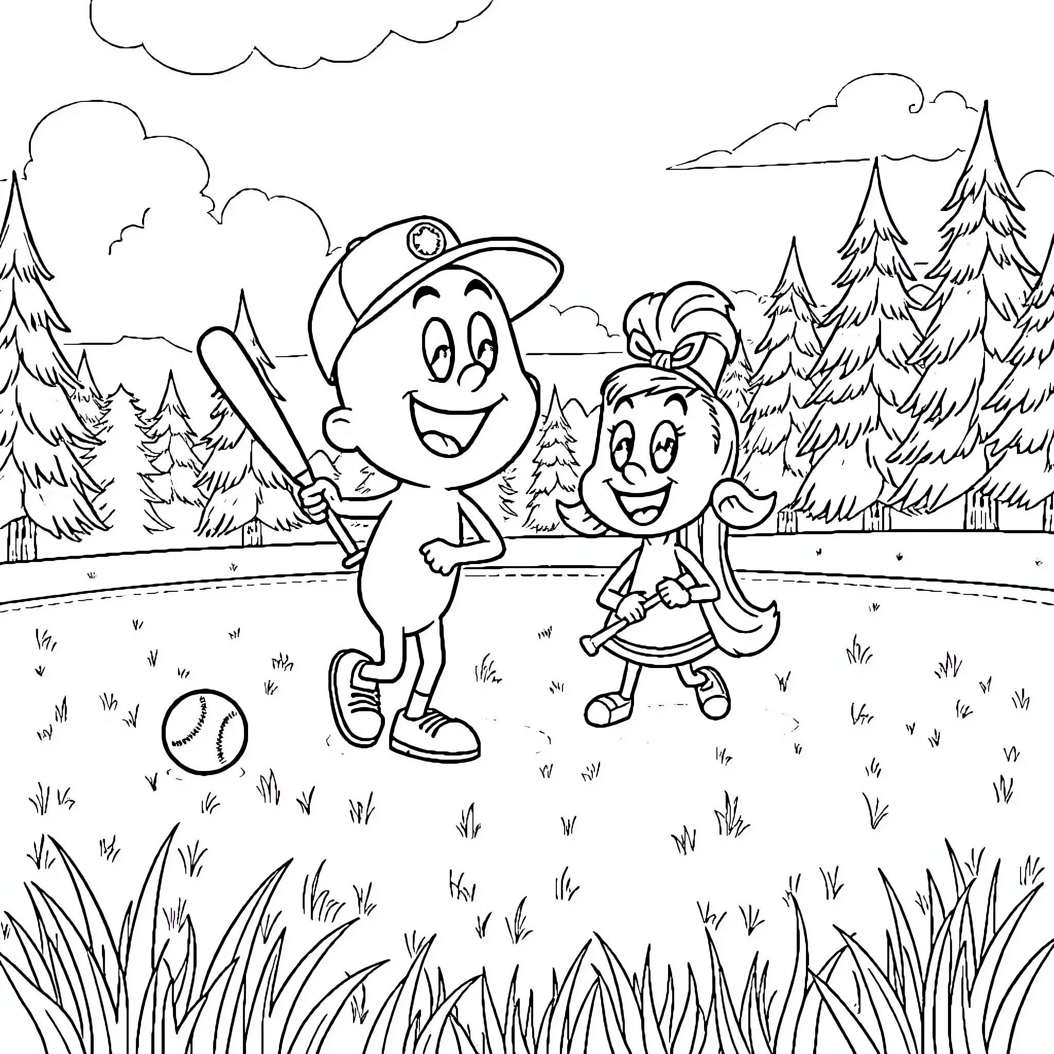 Blippi and Friend Playing Ball in the Park Coloring Page (free black-and-white line drawing printable PDF for all, from beginners to advanced learners, including children, teens, adults, and seniors)