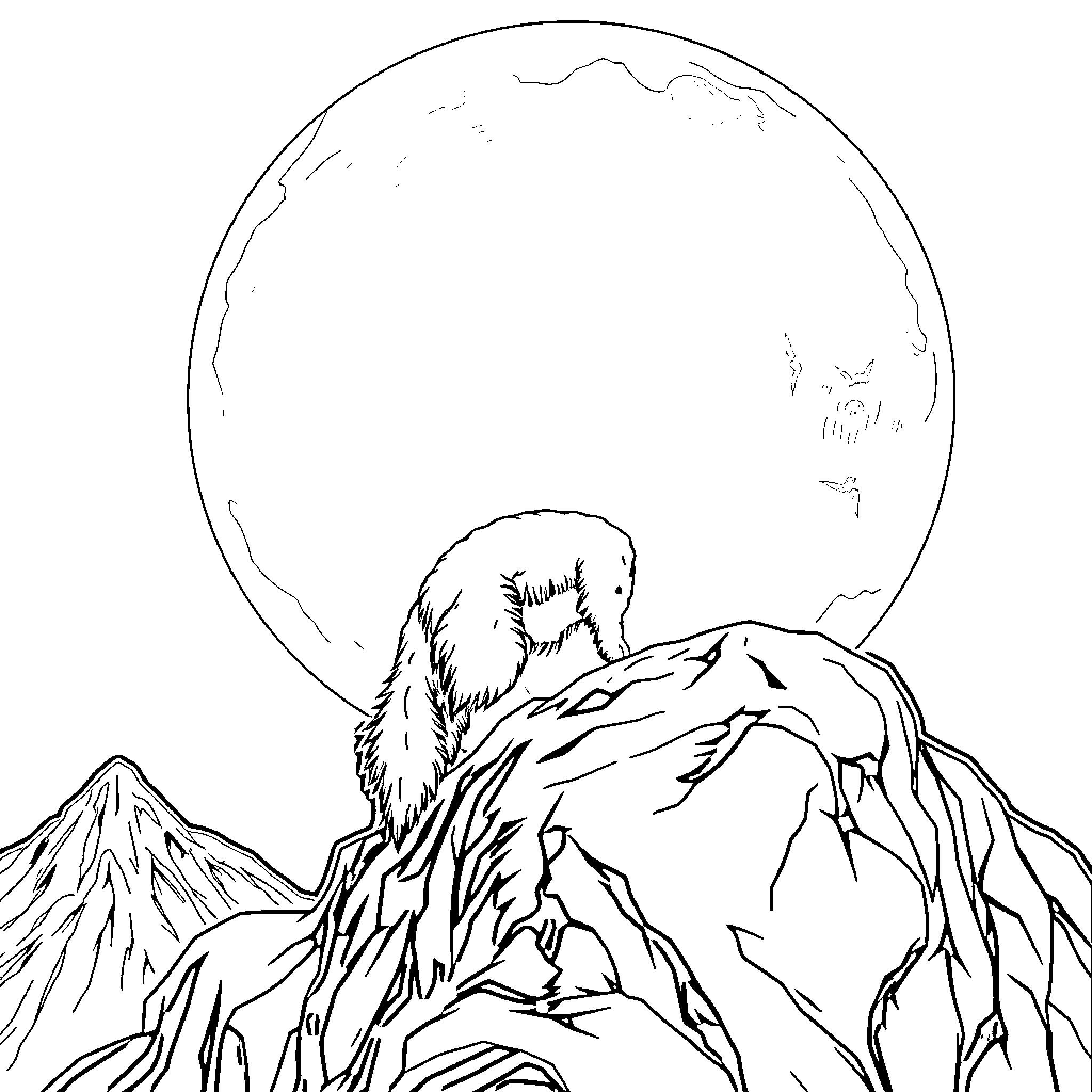 Wolfman howling at the moon in the mountains Coloring Page (free black-and-white line drawing printable PDF for all, from beginners to advanced learners, including children, teens, adults, and seniors)