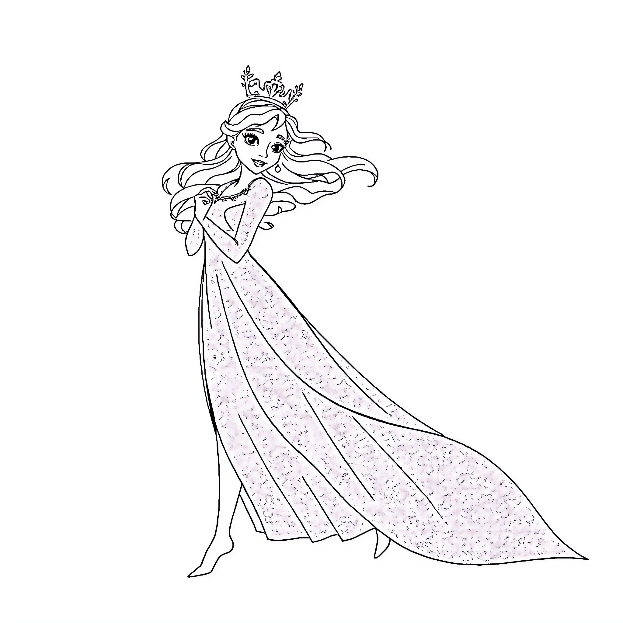 Queen in a Regal Gown and Crown Coloring Page (free black-and-white line drawing printable PDF for all, from beginners to advanced learners, including children, teens, adults, and seniors)