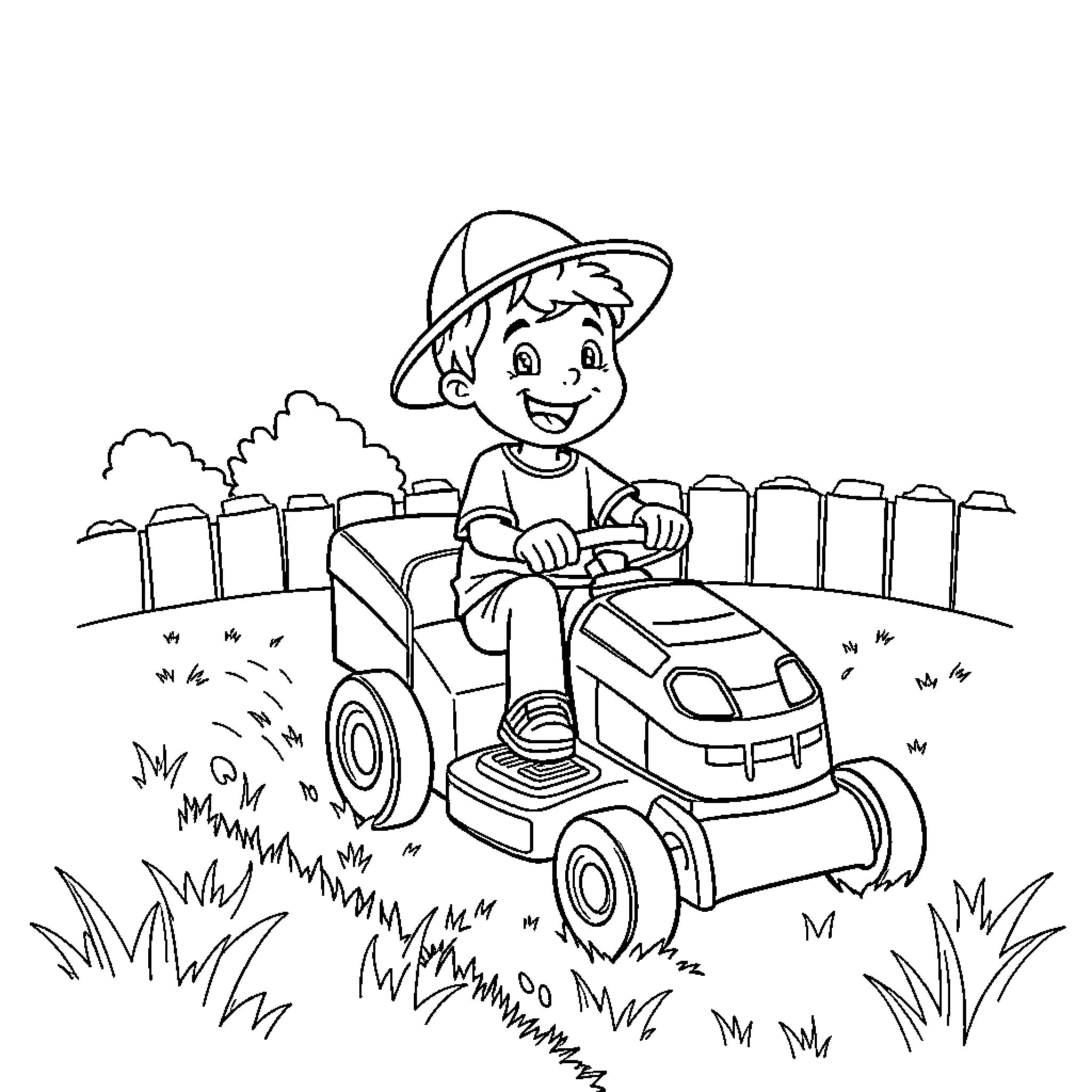 Boy riding toy tractor in the yard Coloring Page (free black-and-white line drawing printable PDF for all, from beginners to advanced learners, including children, teens, adults, and seniors)