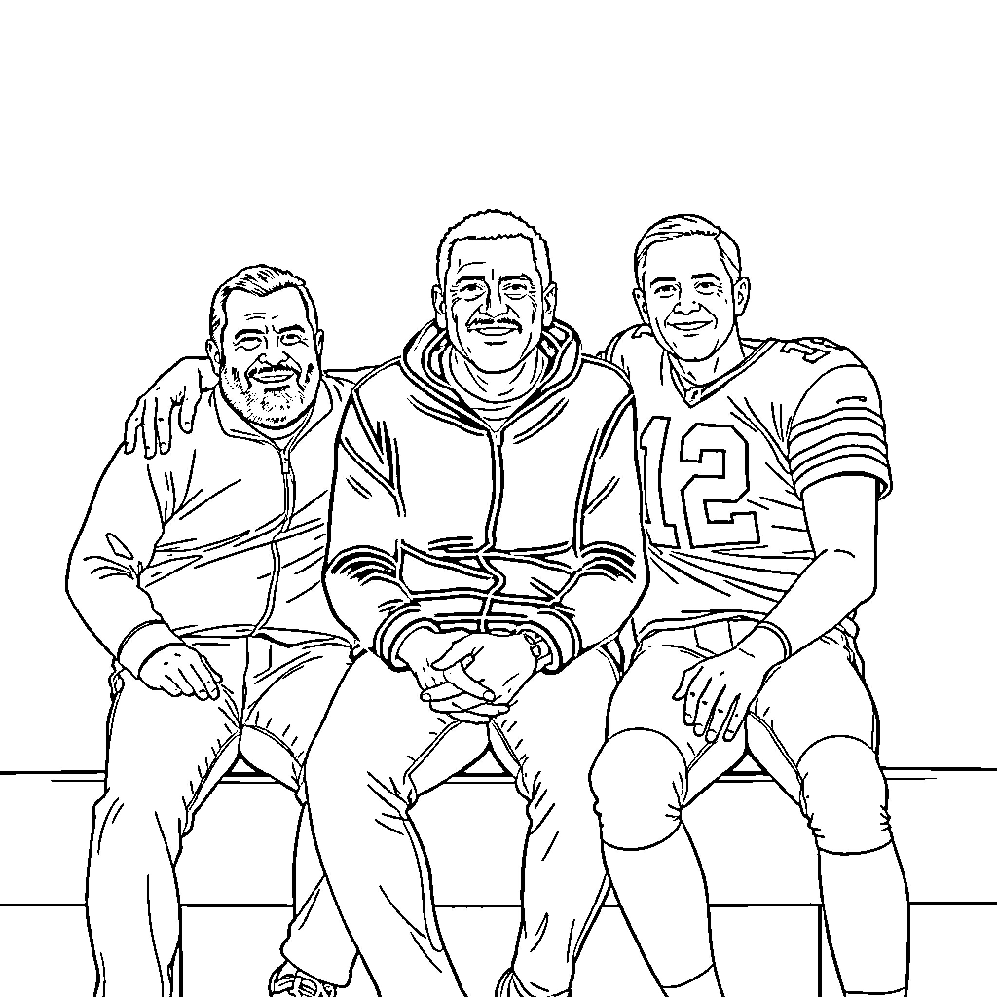 Football Players Posing for a Portrait Coloring Page (free black-and-white line drawing printable PDF for all, from beginners to advanced learners, including children, teens, adults, and seniors)