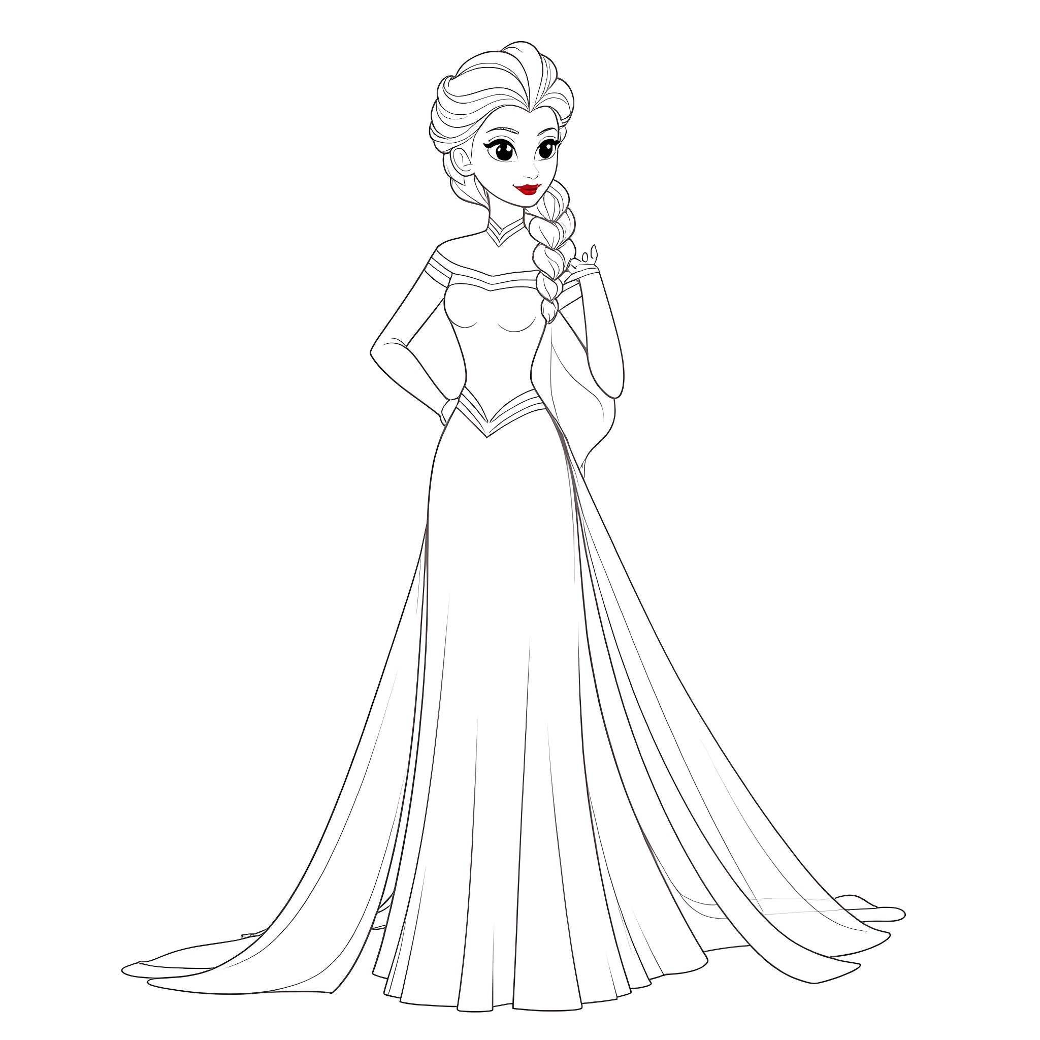 Elsa in a elegant gown with a beautiful braid Coloring Page (free black-and-white line drawing printable PDF for all, from beginners to advanced learners, including children, teens, adults, and seniors)
