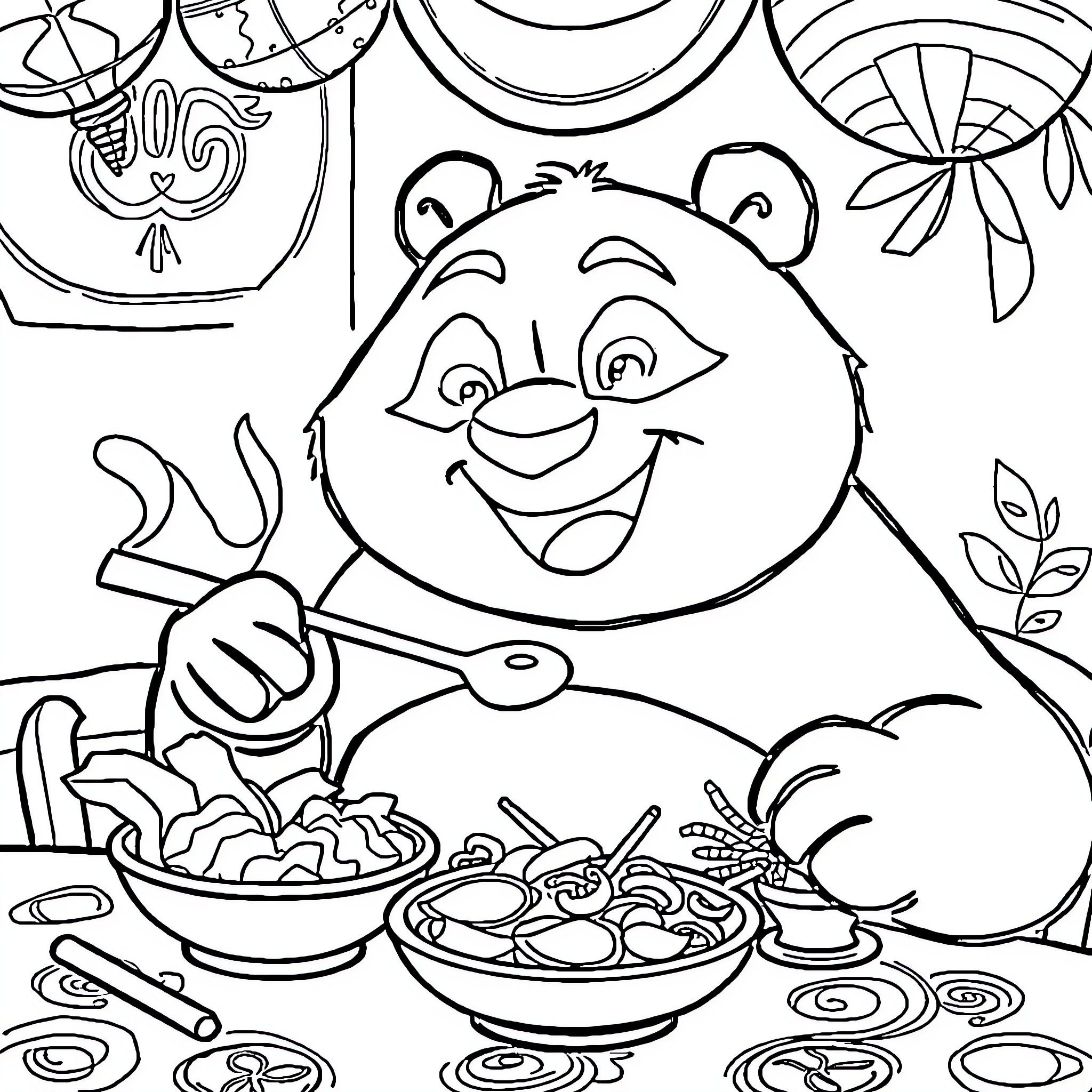 Kung Fu Panda enjoying a delicious meal Coloring Page (free black-and-white line drawing printable PDF for all, from beginners to advanced learners, including children, teens, adults, and seniors)