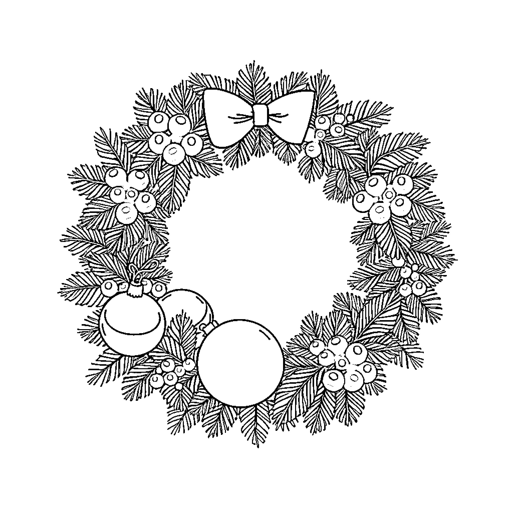 Wreath of festive holiday decorations Coloring Page (free black-and-white line drawing printable PDF for all, from beginners to advanced learners, including children, teens, adults, and seniors)