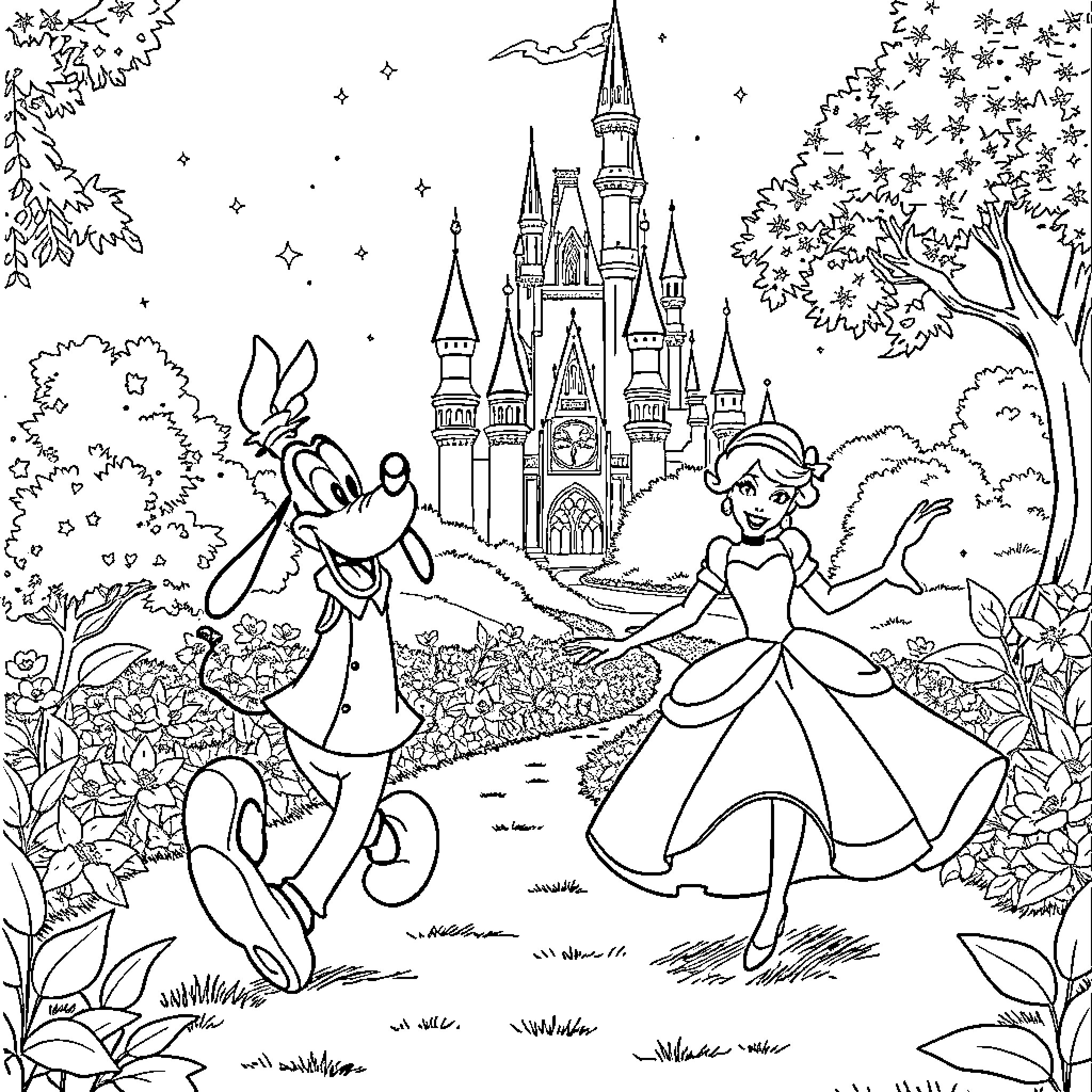 Goofy Fairy Tale Wonderland with Playful Characters Coloring Page (free black-and-white line drawing printable PDF for all, from beginners to advanced learners, including children, teens, adults, and seniors)
