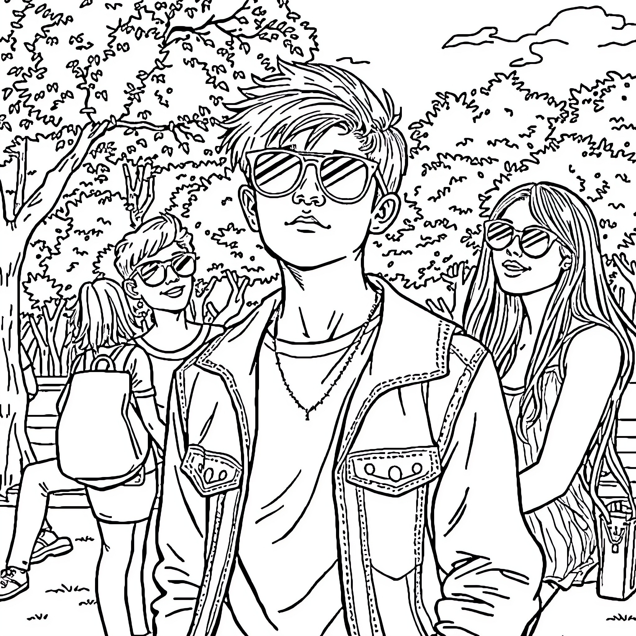 Teen friends exploring the outdoors together Coloring Page (free black-and-white line drawing printable PDF for all, from beginners to advanced learners, including children, teens, adults, and seniors)