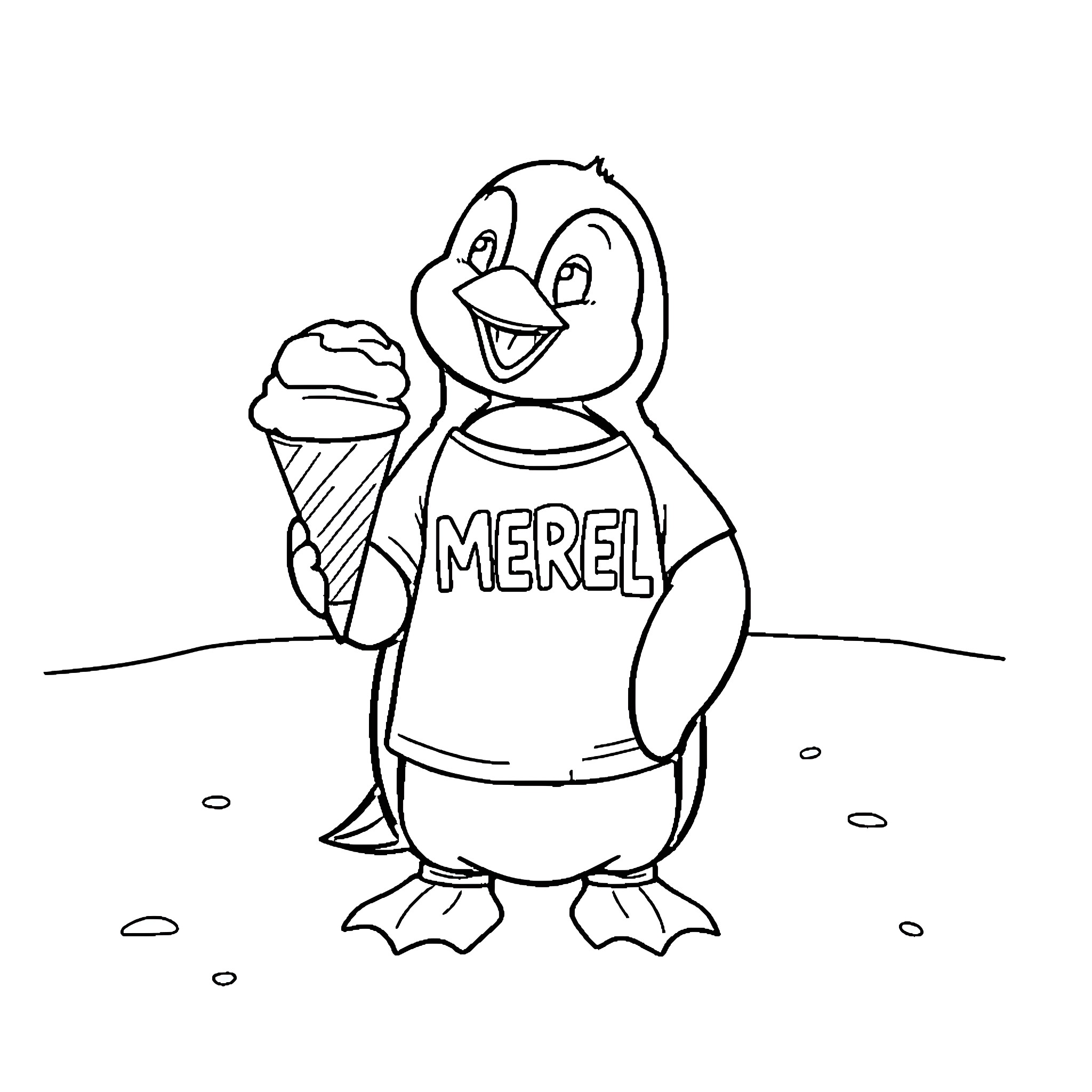 Penguin enjoying ice cream on a sunny day Coloring Page (free black-and-white line drawing printable PDF for all, from beginners to advanced learners, including children, teens, adults, and seniors)