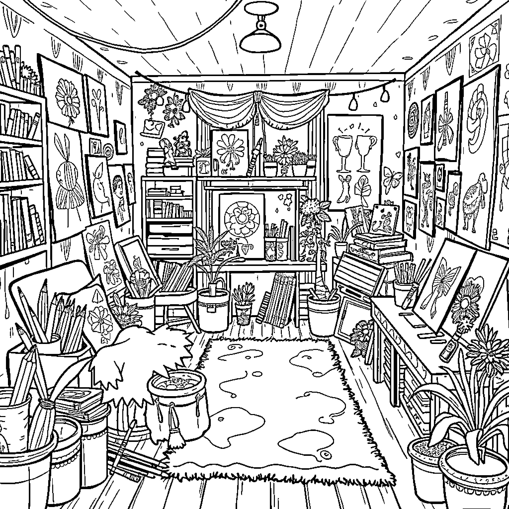 Artistic Studio with Eclectic Decor and Creative Tools Coloring Page (free black-and-white line drawing printable PDF for all, from beginners to advanced learners, including children, teens, adults, and seniors)