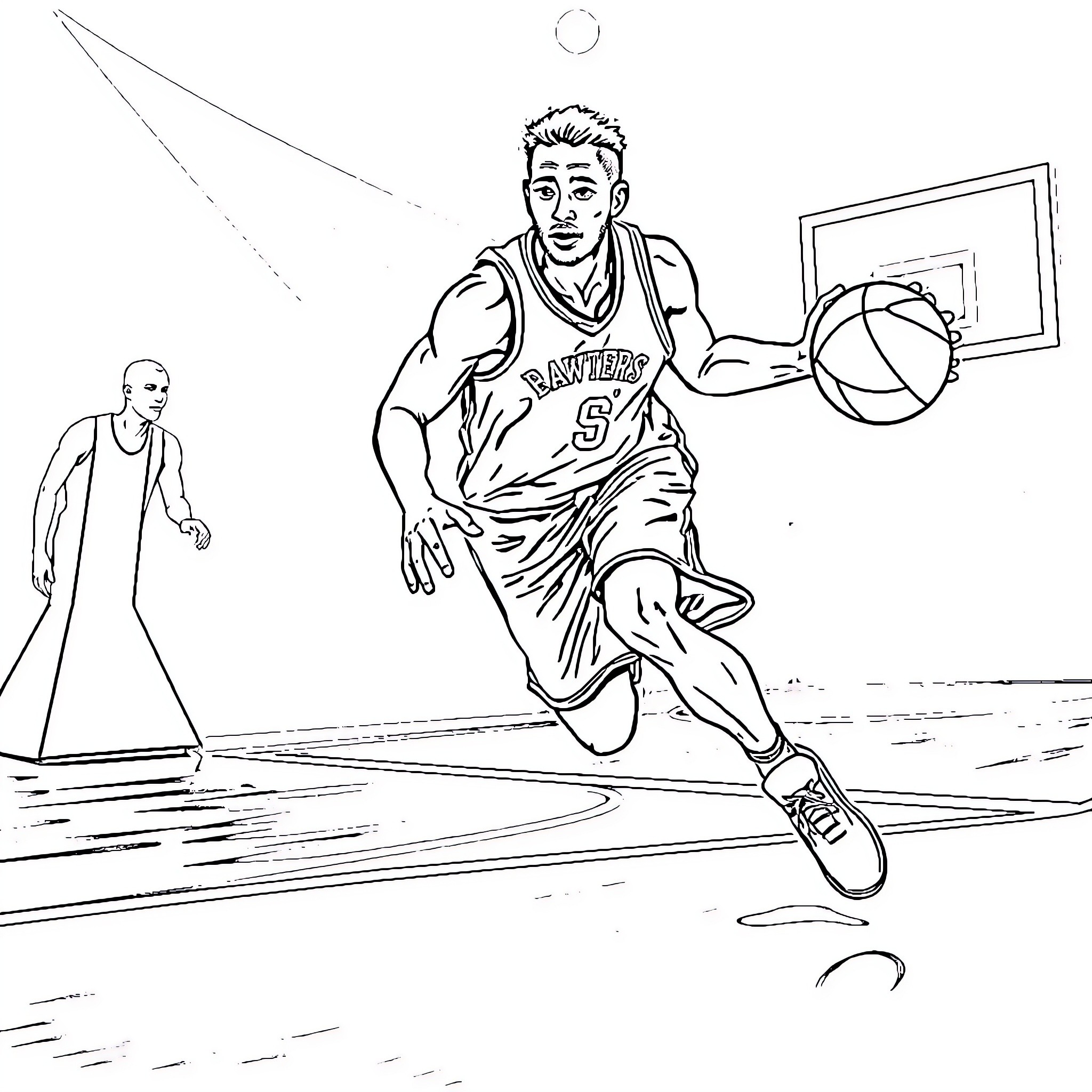 Basketball Player Dribbling with Ball on Court Coloring Page (free black-and-white line drawing printable PDF for all, from beginners to advanced learners, including children, teens, adults, and seniors)