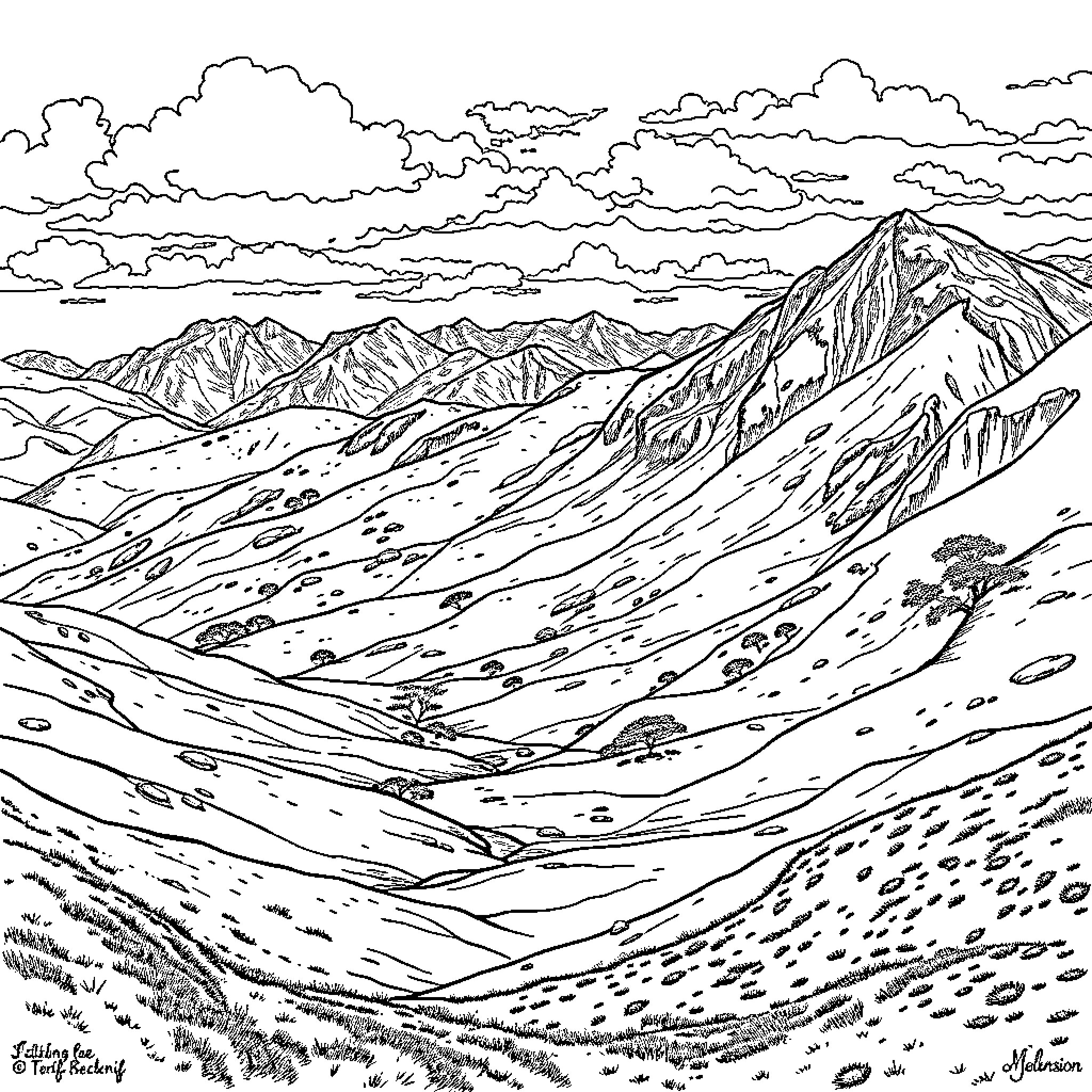 Highland Mountainous Landscape with Dramatic Clouds Coloring Page (free black-and-white line drawing printable PDF for all, from beginners to advanced learners, including children, teens, adults, and seniors)