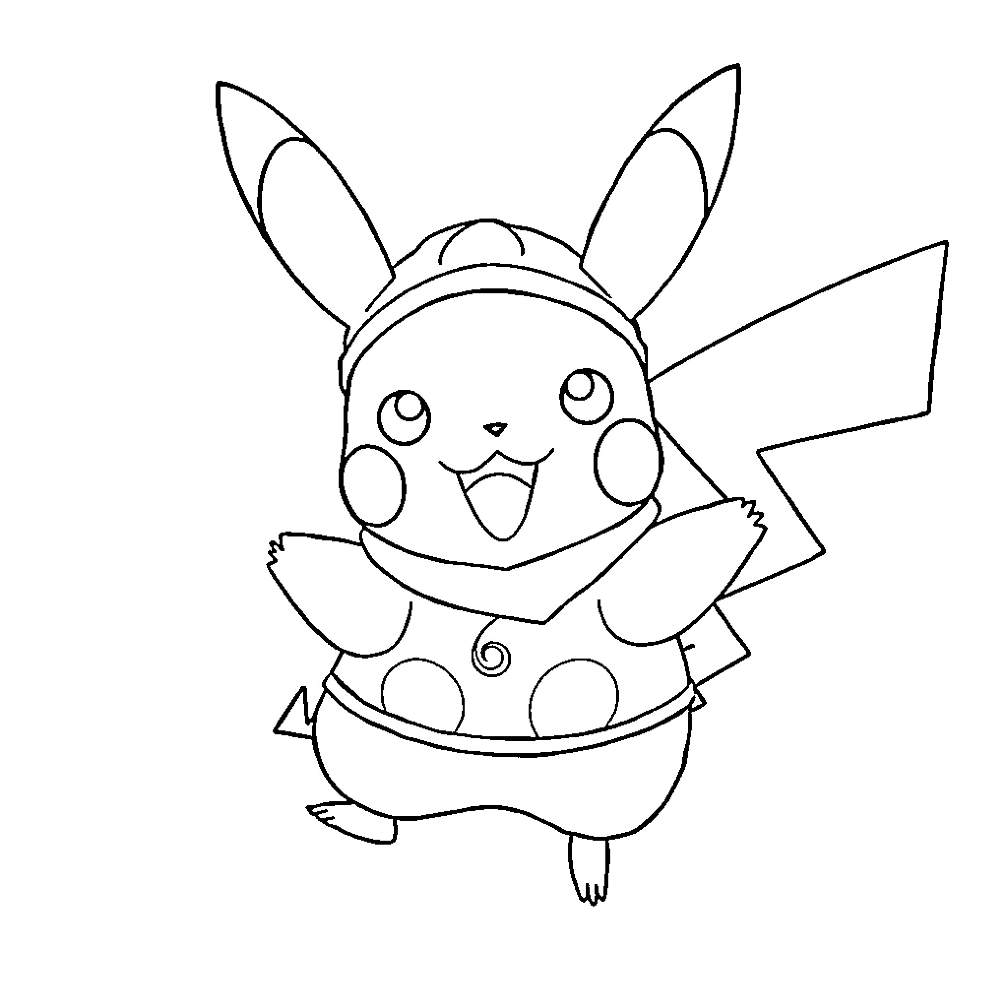 Pikachu cheerfully waving in a simple sketch Coloring Page (free black-and-white line drawing printable PDF for all, from beginners to advanced learners, including children, teens, adults, and seniors)