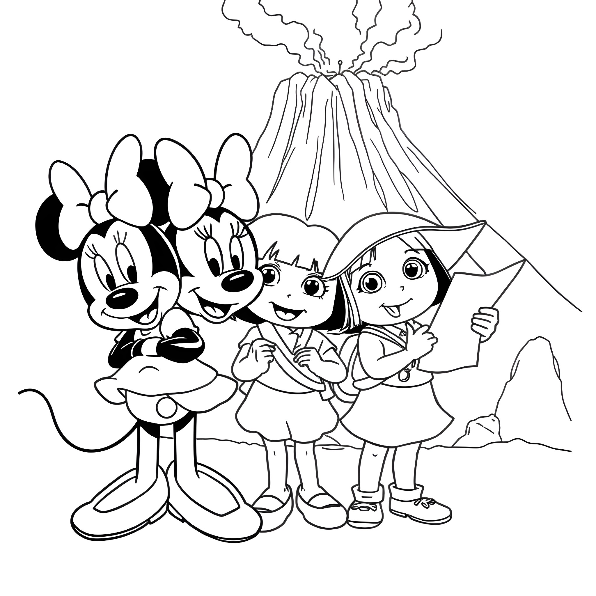 Minnie Mouse and friends explore a volcanic landscape Coloring Page (free black-and-white line drawing printable PDF for all, from beginners to advanced learners, including children, teens, adults, and seniors)