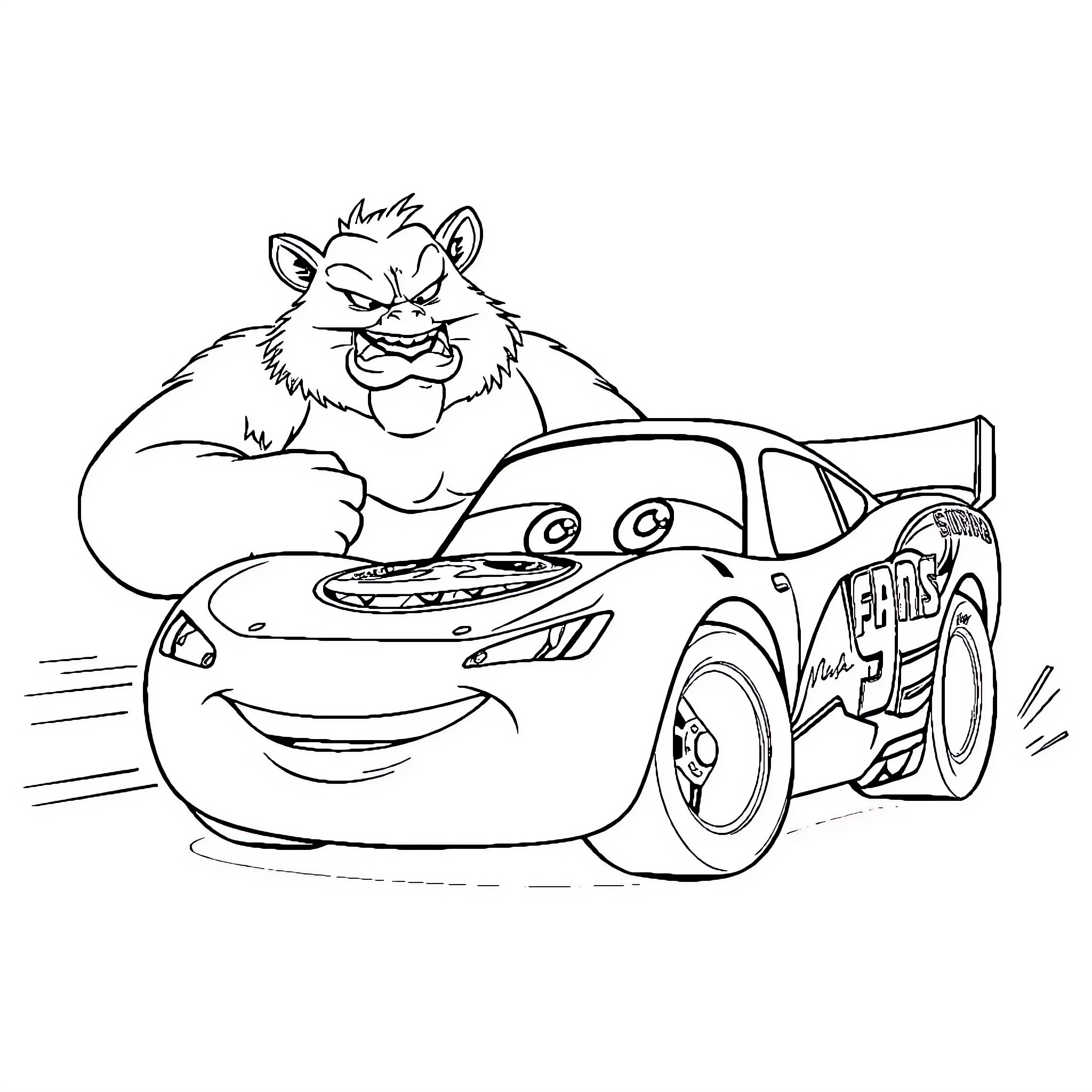 Flash McQueen racing with a fierce animal Coloring Page (free black-and-white line drawing printable PDF for all, from beginners to advanced learners, including children, teens, adults, and seniors)