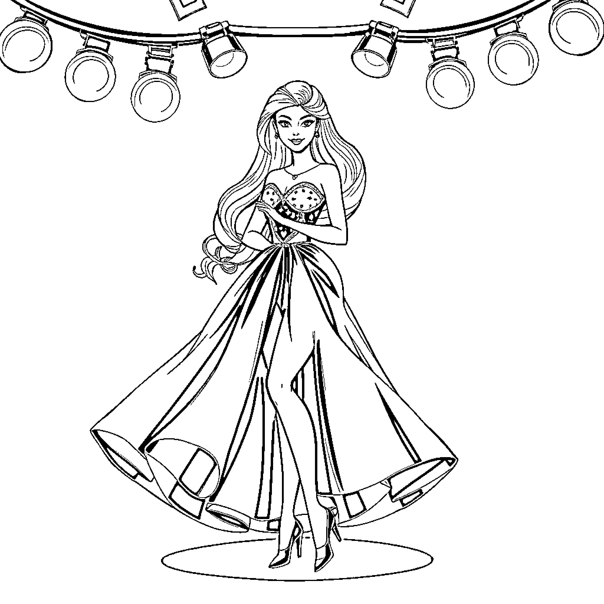 Barbie posing gracefully in an elegant gown Coloring Page (free black-and-white line drawing printable PDF for all, from beginners to advanced learners, including children, teens, adults, and seniors)