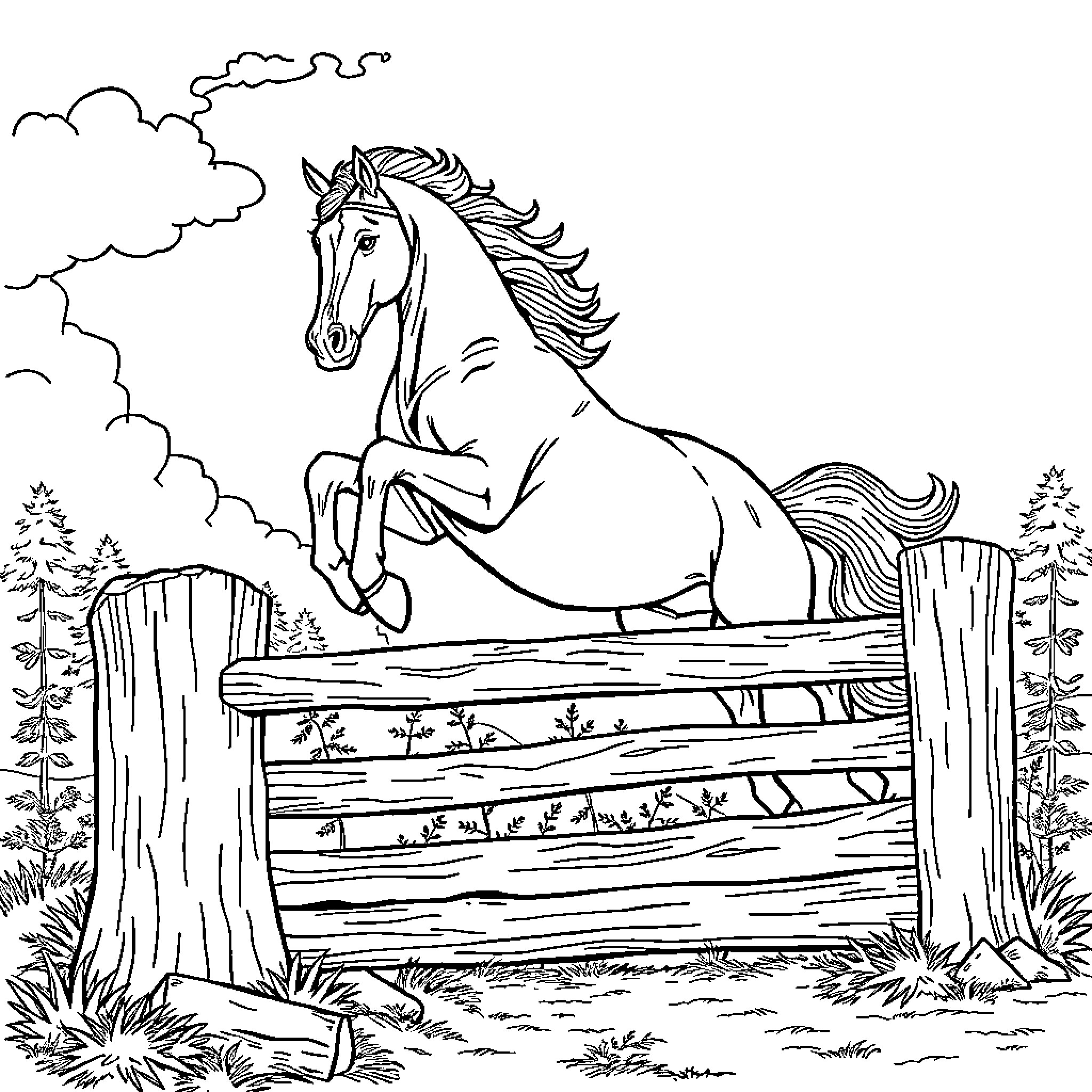 Horse jumping over a wooden fence in a countryside scene Coloring Page (free black-and-white line drawing printable PDF for all, from beginners to advanced learners, including children, teens, adults, and seniors)