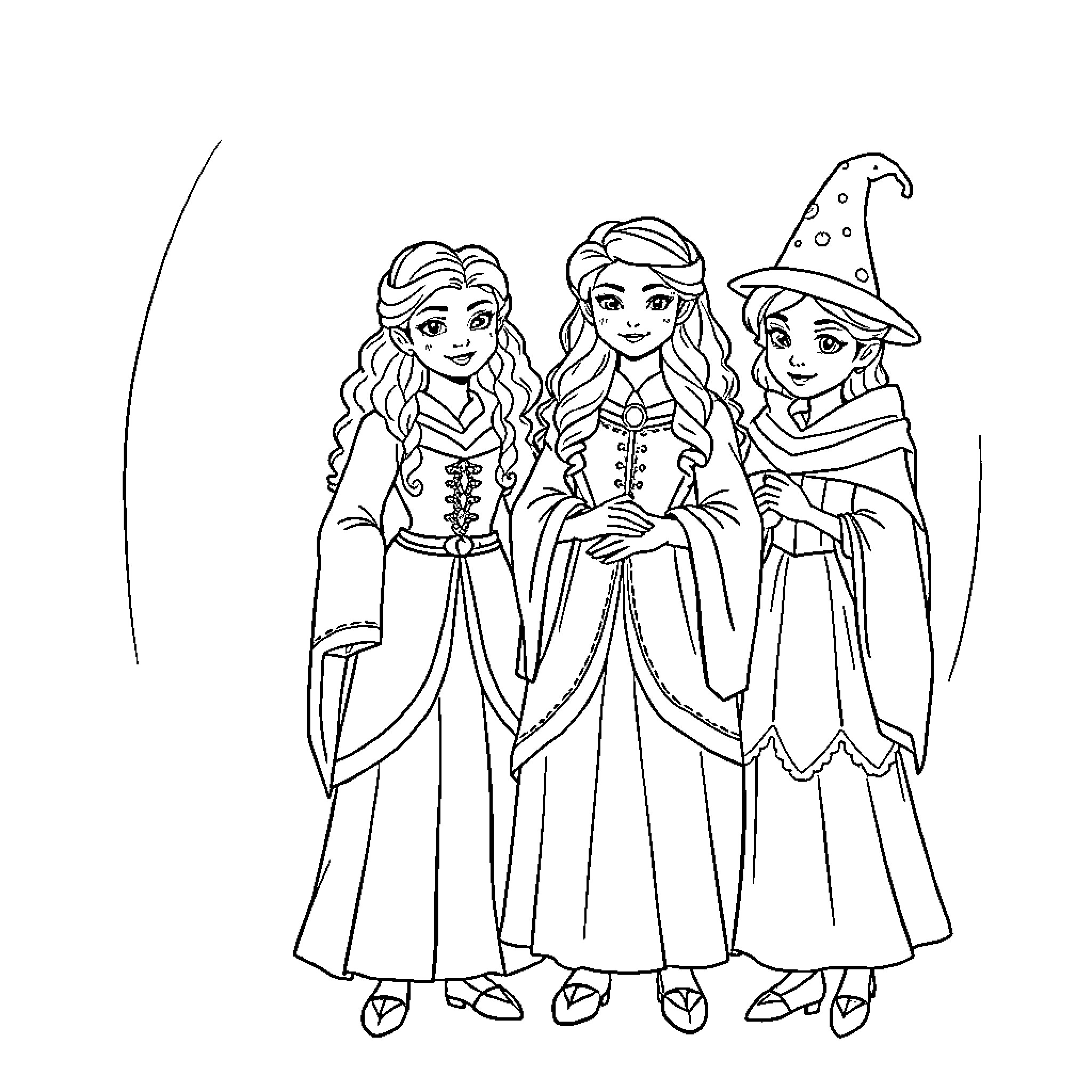 Sander Sisters Dressed in Elegant Outfits Coloring Page (free black-and-white line drawing printable PDF for all, from beginners to advanced learners, including children, teens, adults, and seniors)