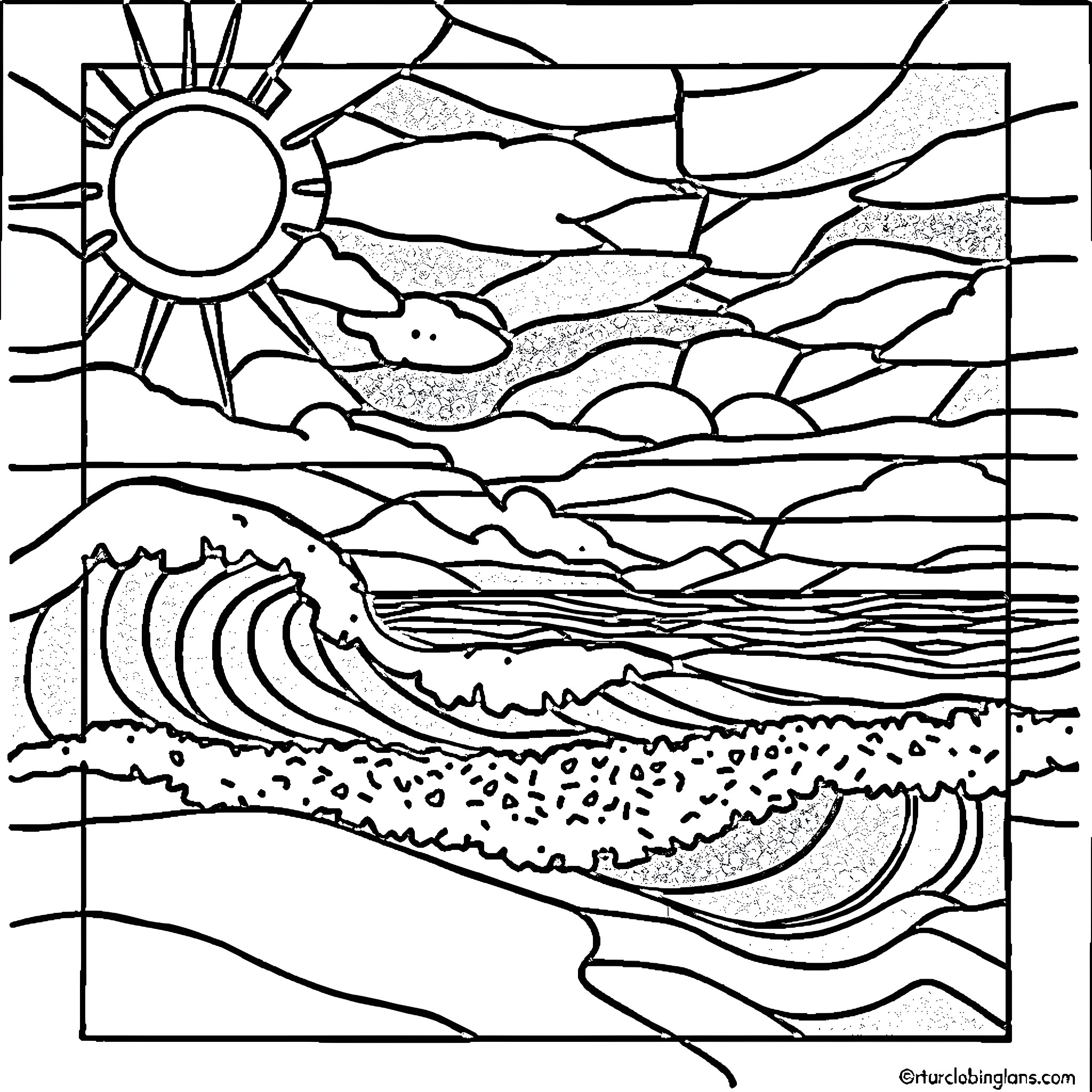 Beach landscape with sun and crashing waves Coloring Page (free black-and-white line drawing printable PDF for all, from beginners to advanced learners, including children, teens, adults, and seniors)