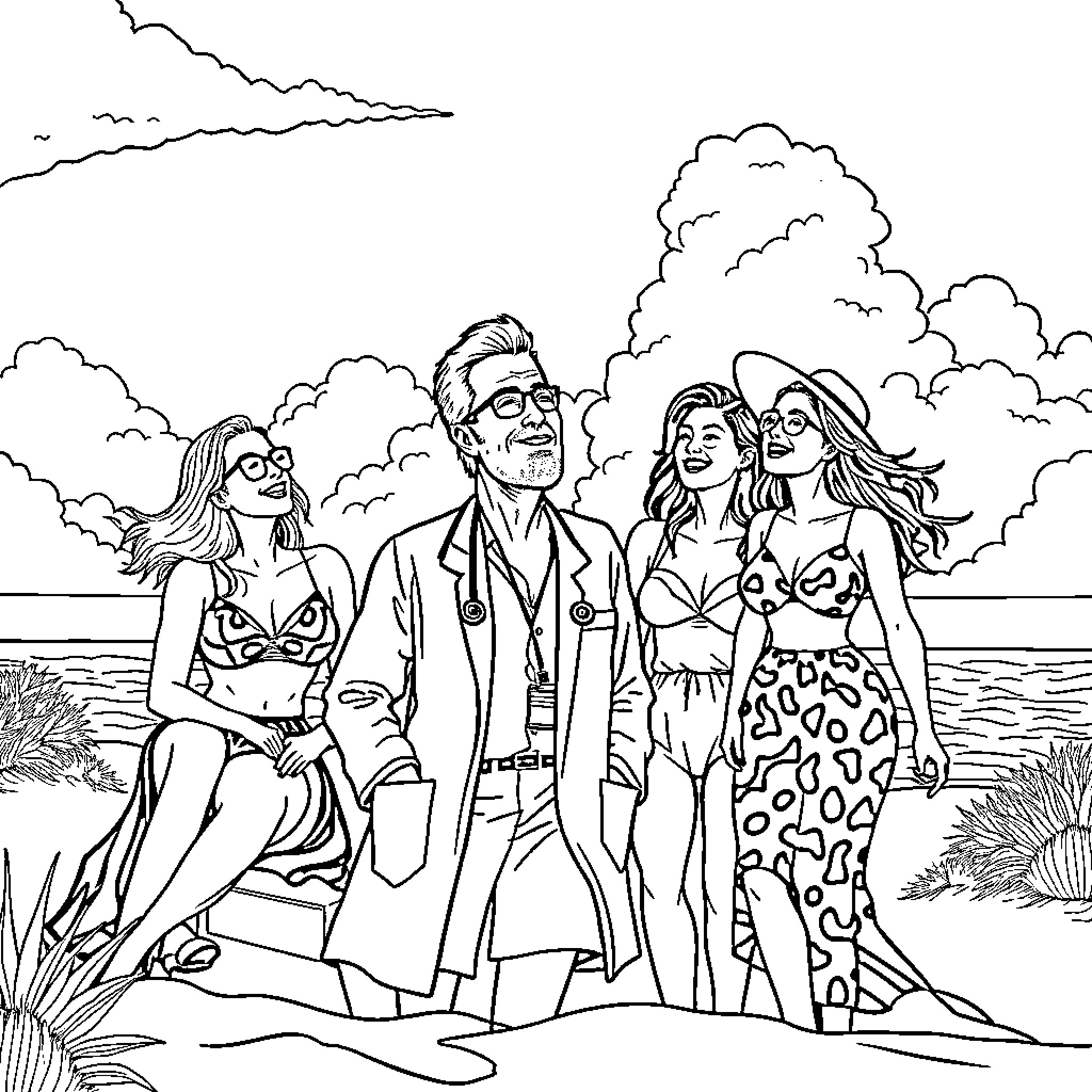 Doctor and his companions in a tropical beach scene Coloring Page (free black-and-white line drawing printable PDF for all, from beginners to advanced learners, including children, teens, adults, and seniors)