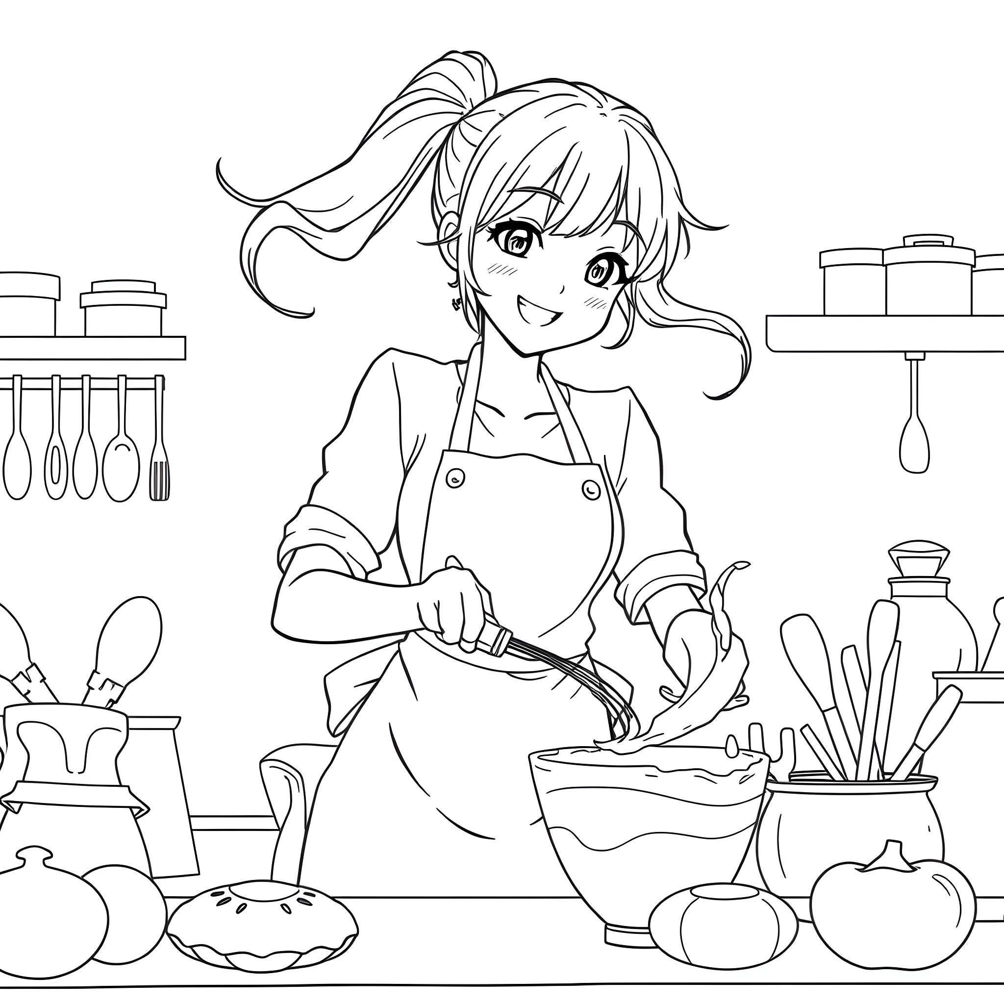 Anime Woman Cooking Delicious Meals in the Kitchen Coloring Page (free black-and-white line drawing printable PDF for all, from beginners to advanced learners, including children, teens, adults, and seniors)