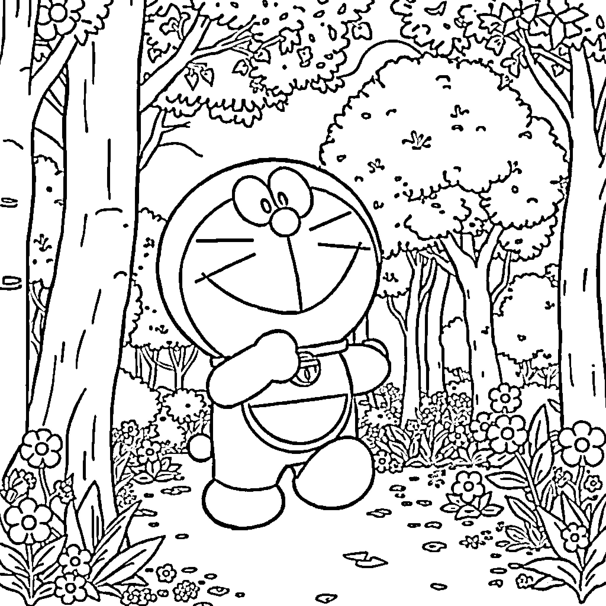 Doraemon exploring the lush forest landscape Coloring Page (free black-and-white line drawing printable PDF for all, from beginners to advanced learners, including children, teens, adults, and seniors)
